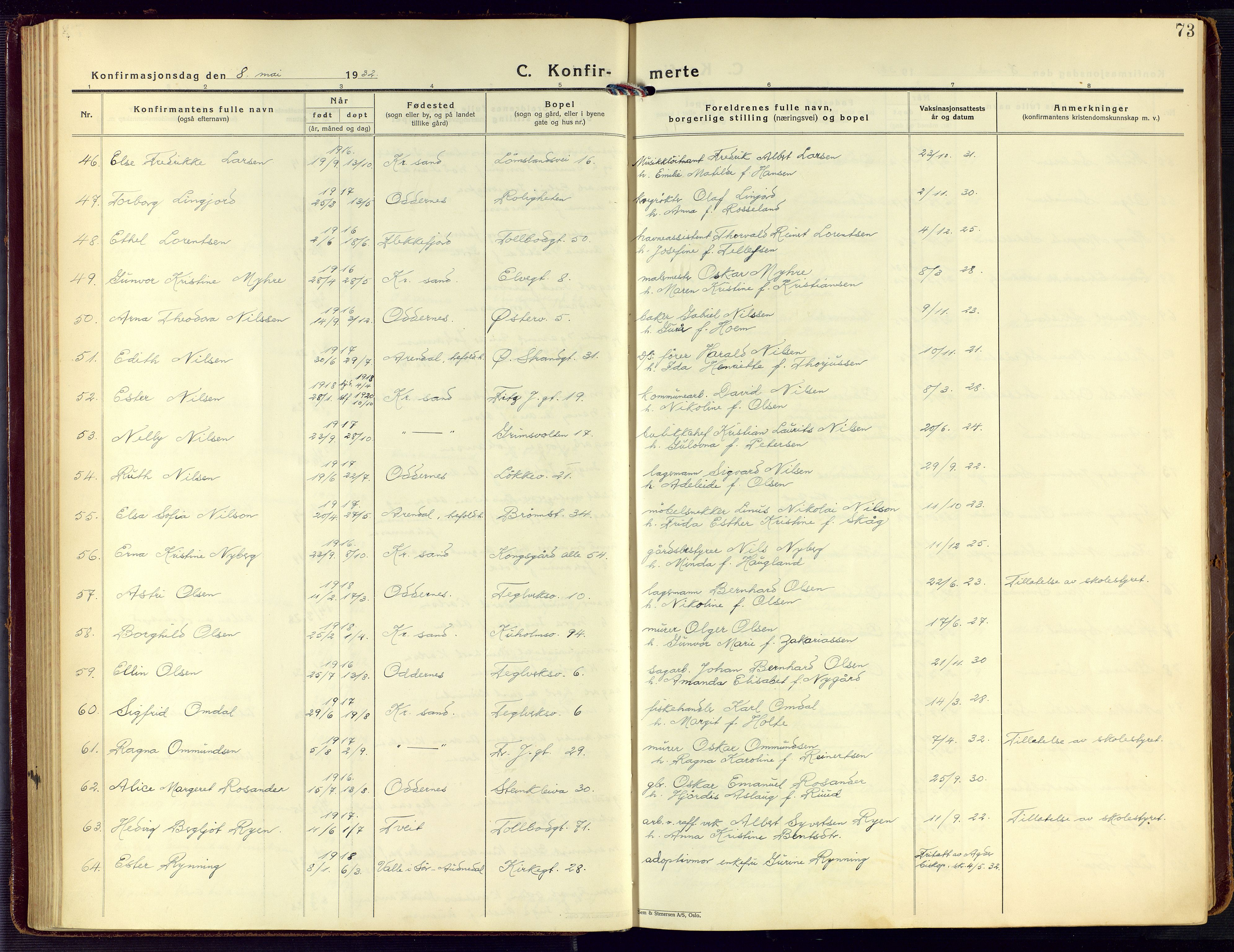 Kristiansand domprosti, AV/SAK-1112-0006/F/Fa/L0027: Parish register (official) no. A 26, 1928-1940, p. 73