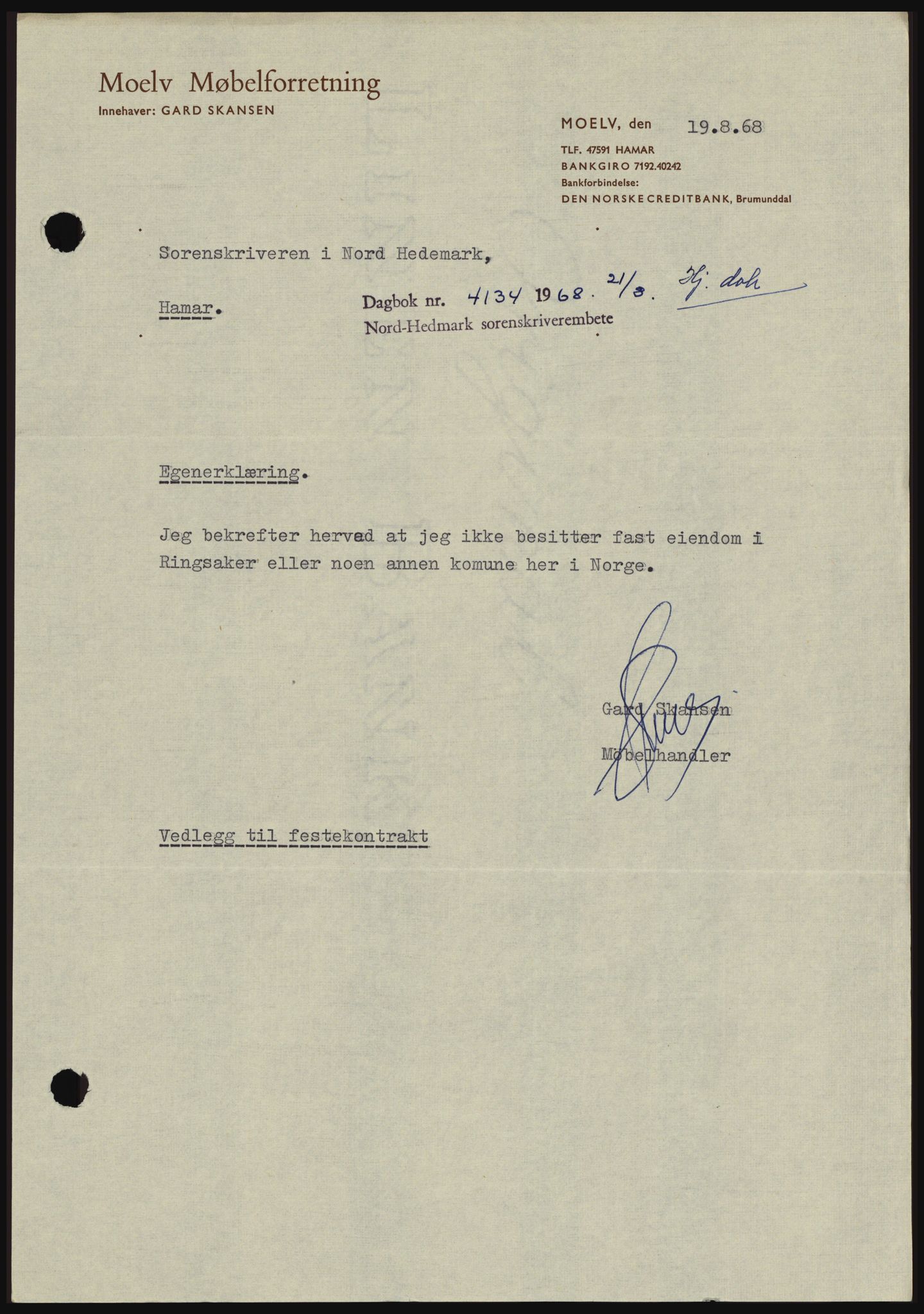 Nord-Hedmark sorenskriveri, SAH/TING-012/H/Hc/L0028: Mortgage book no. 28, 1968-1968, Diary no: : 4134/1968