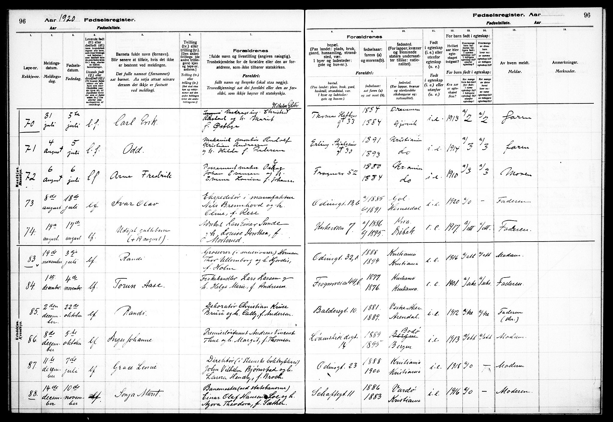 Frogner prestekontor Kirkebøker, AV/SAO-A-10886/J/Ja/L0001: Birth register no. 1, 1916-1927, p. 96