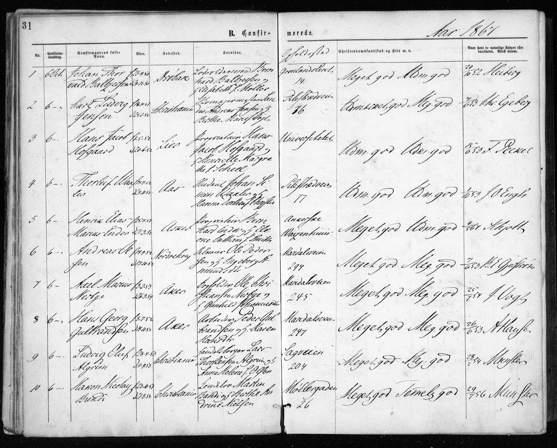 Gamle Aker prestekontor Kirkebøker, SAO/A-10617a/F/L0003: Parish register (official) no. 3, 1865-1873, p. 31