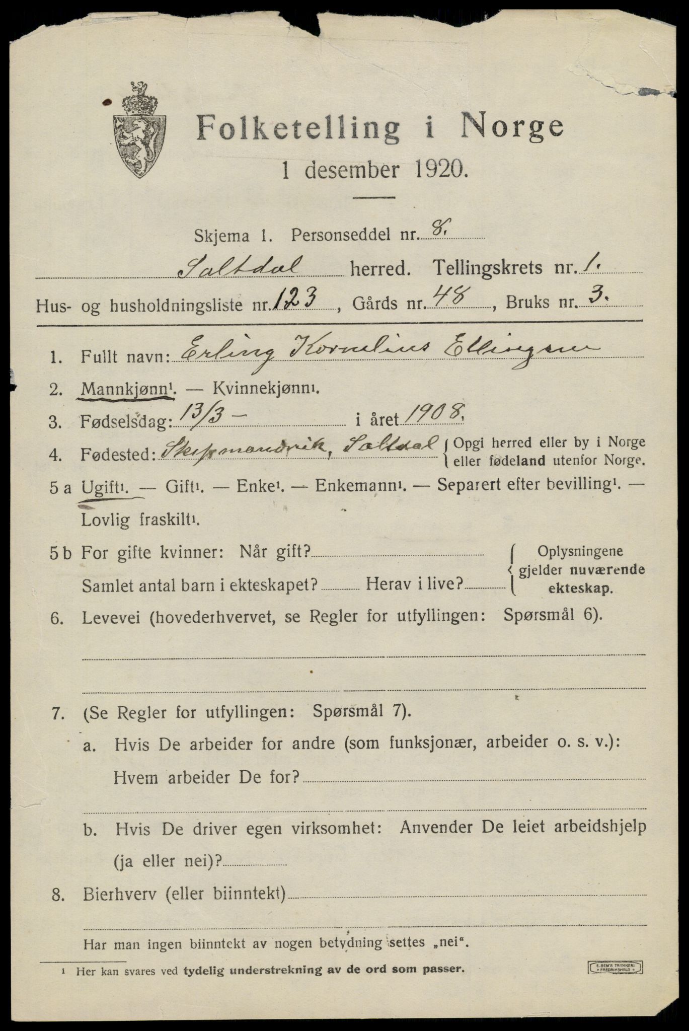 SAT, 1920 census for Saltdal, 1920, p. 2839