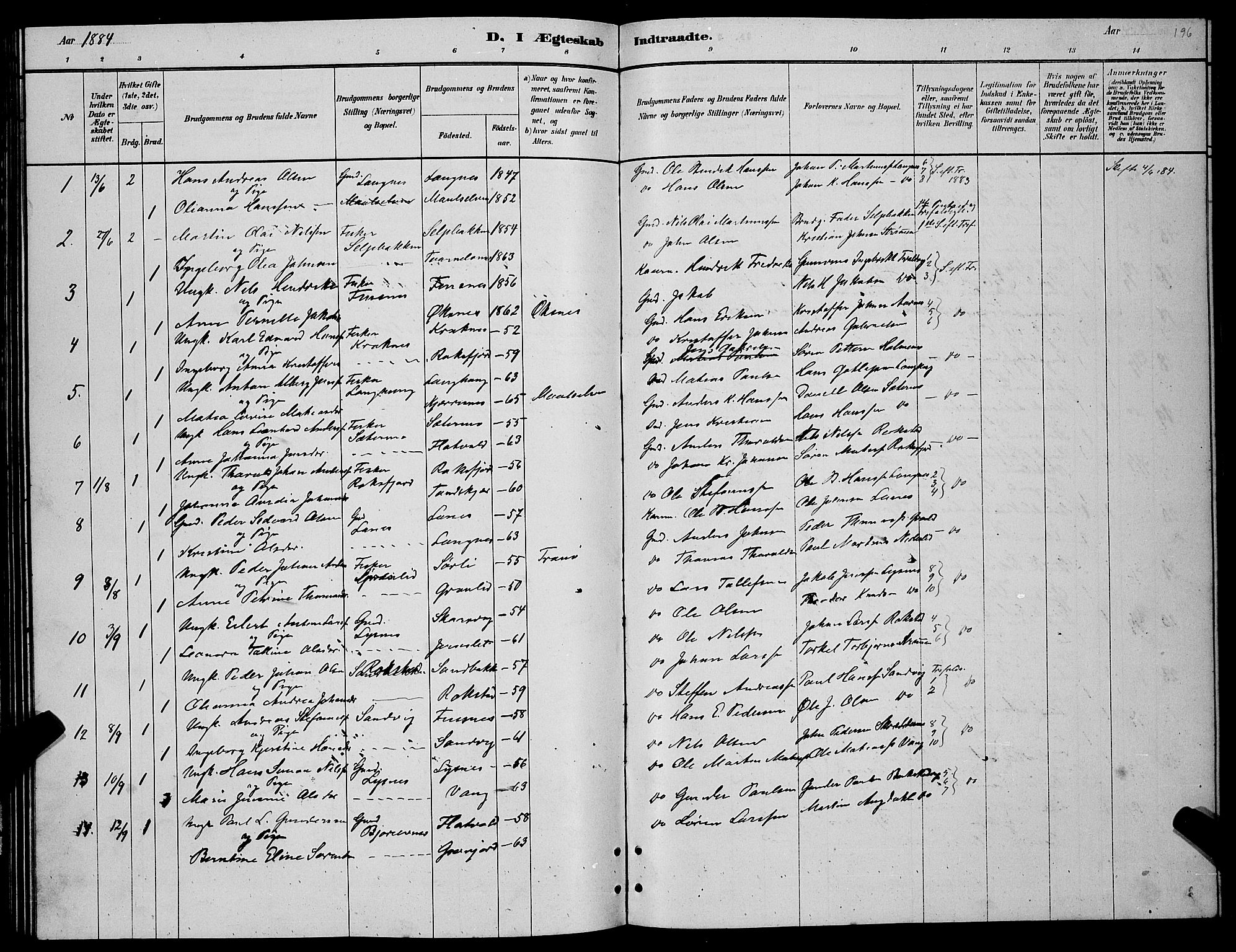 Lenvik sokneprestembete, SATØ/S-1310/H/Ha/Hab/L0006klokker: Parish register (copy) no. 6, 1881-1889, p. 196