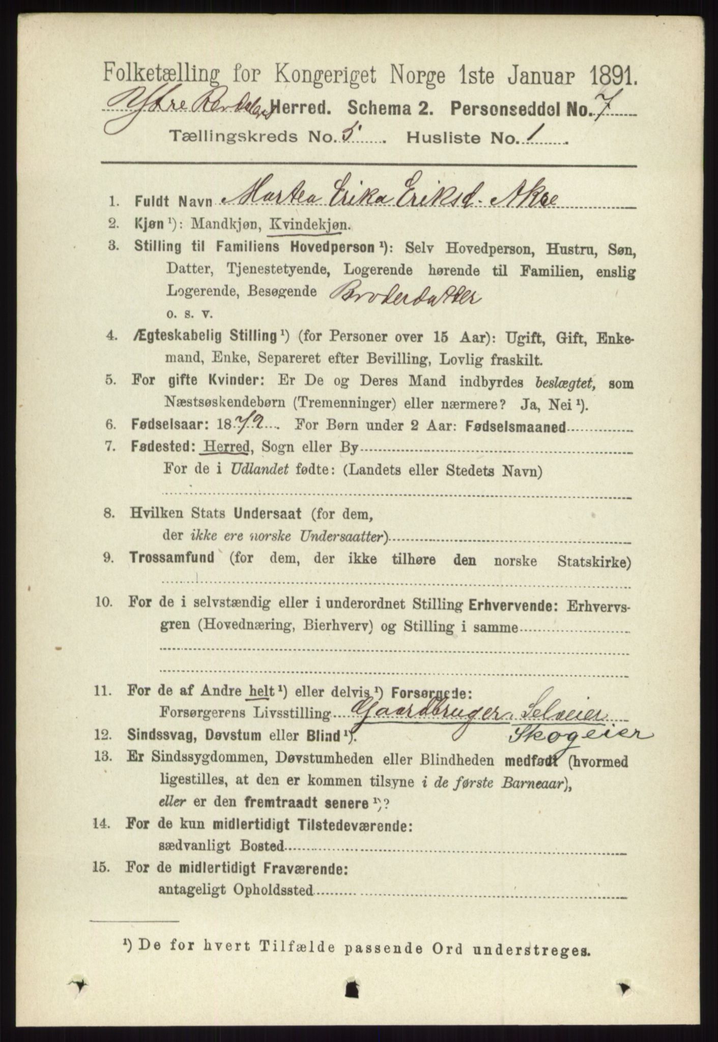 RA, 1891 census for 0432 Ytre Rendal, 1891, p. 1252