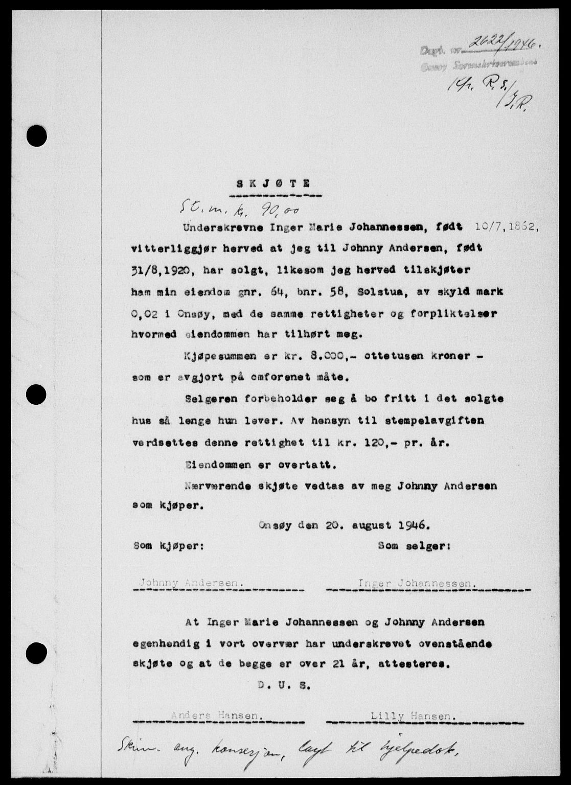 Onsøy sorenskriveri, SAO/A-10474/G/Ga/Gab/L0017: Mortgage book no. II A-17, 1946-1946, Diary no: : 2622/1946