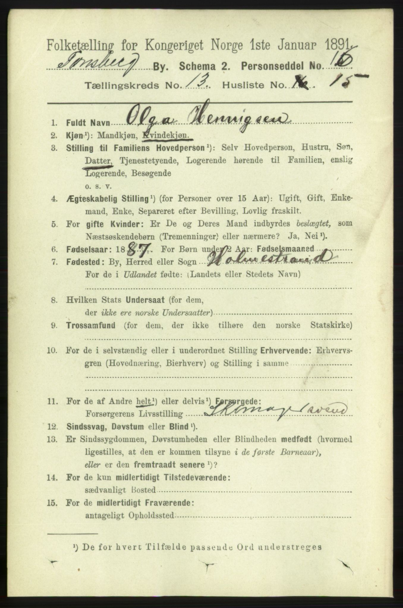 RA, 1891 census for 0705 Tønsberg, 1891, p. 4505