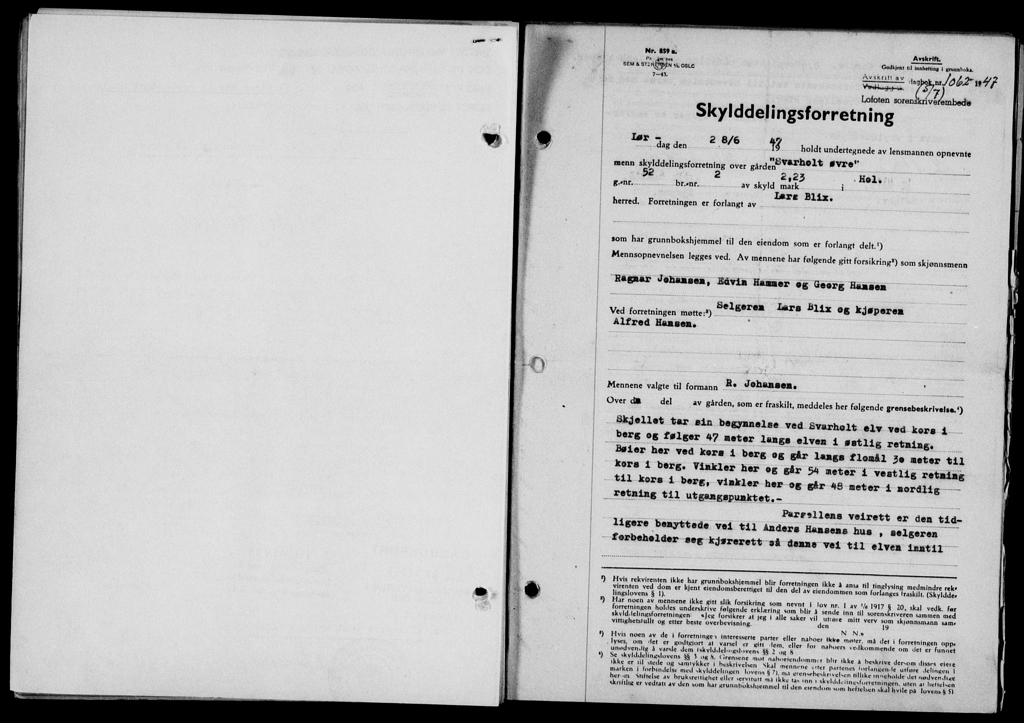 Lofoten sorenskriveri, SAT/A-0017/1/2/2C/L0016a: Mortgage book no. 16a, 1947-1947, Diary no: : 1062/1947