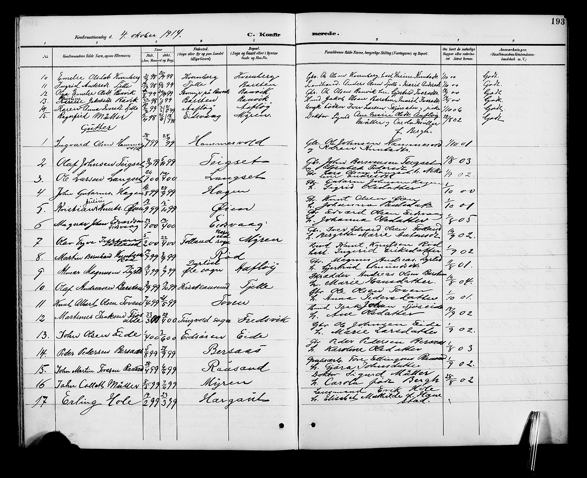 Ministerialprotokoller, klokkerbøker og fødselsregistre - Møre og Romsdal, AV/SAT-A-1454/551/L0632: Parish register (copy) no. 551C04, 1894-1920, p. 193