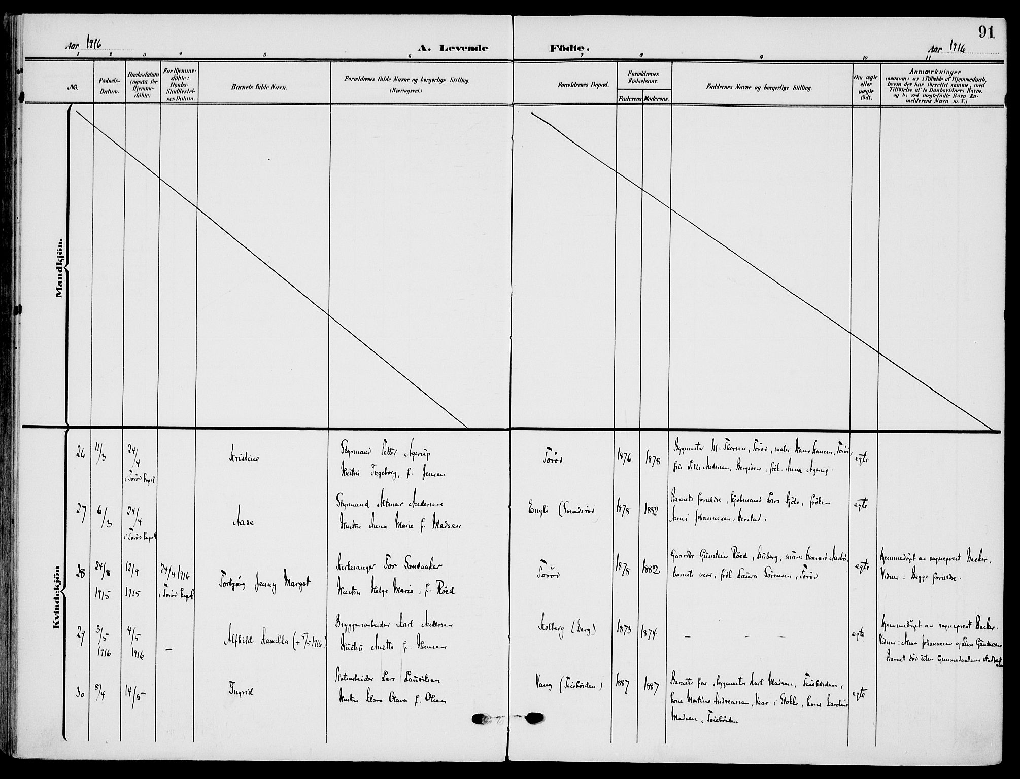 Nøtterøy kirkebøker, AV/SAKO-A-354/F/Fa/L0010: Parish register (official) no. I 10, 1908-1919, p. 91