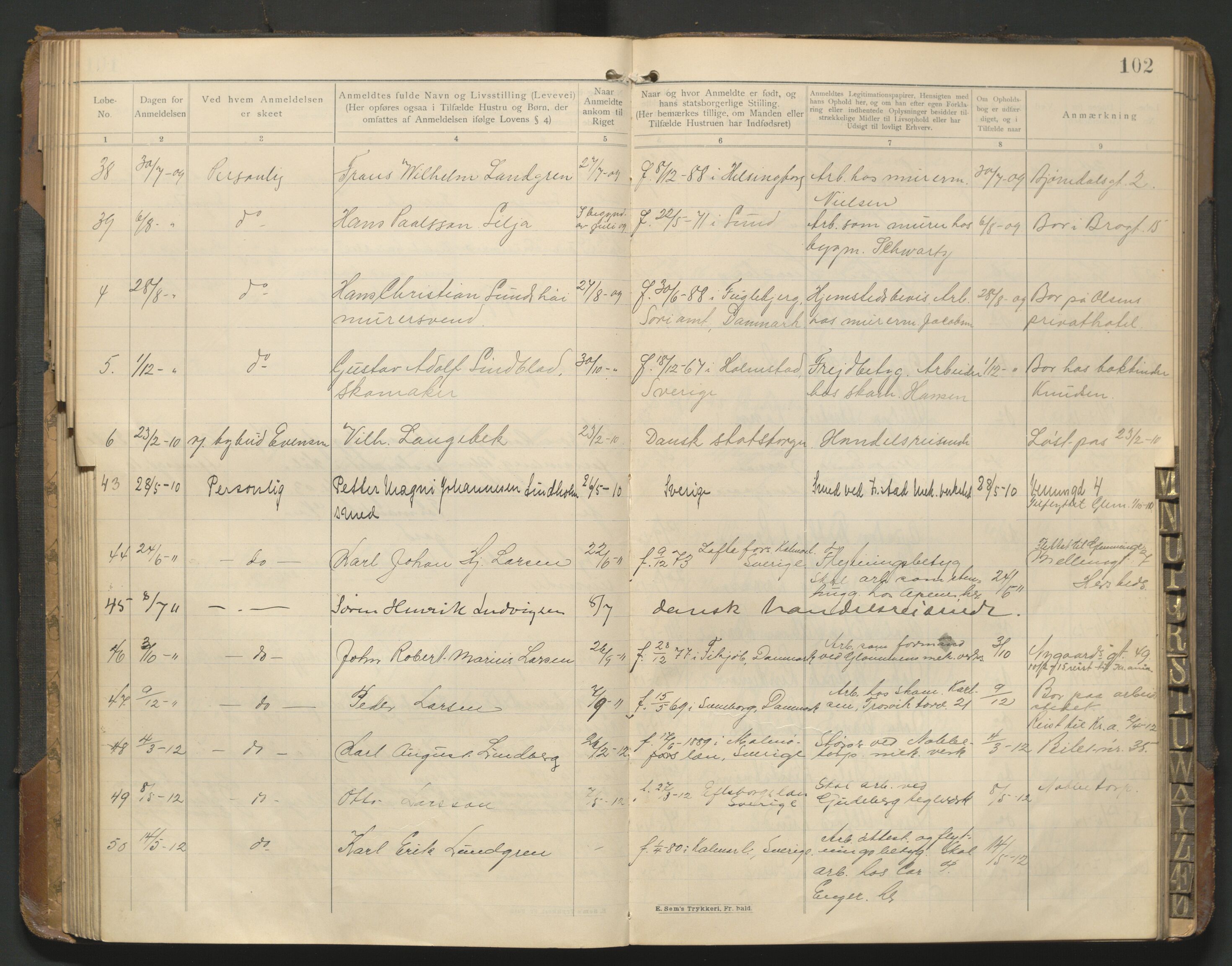 Fredrikstad politikammer, AV/SAO-A-10055/H/Hb/Hba/L0001: Protokoll over fremmede statsborgere, 1901-1916, p. 101b-102a