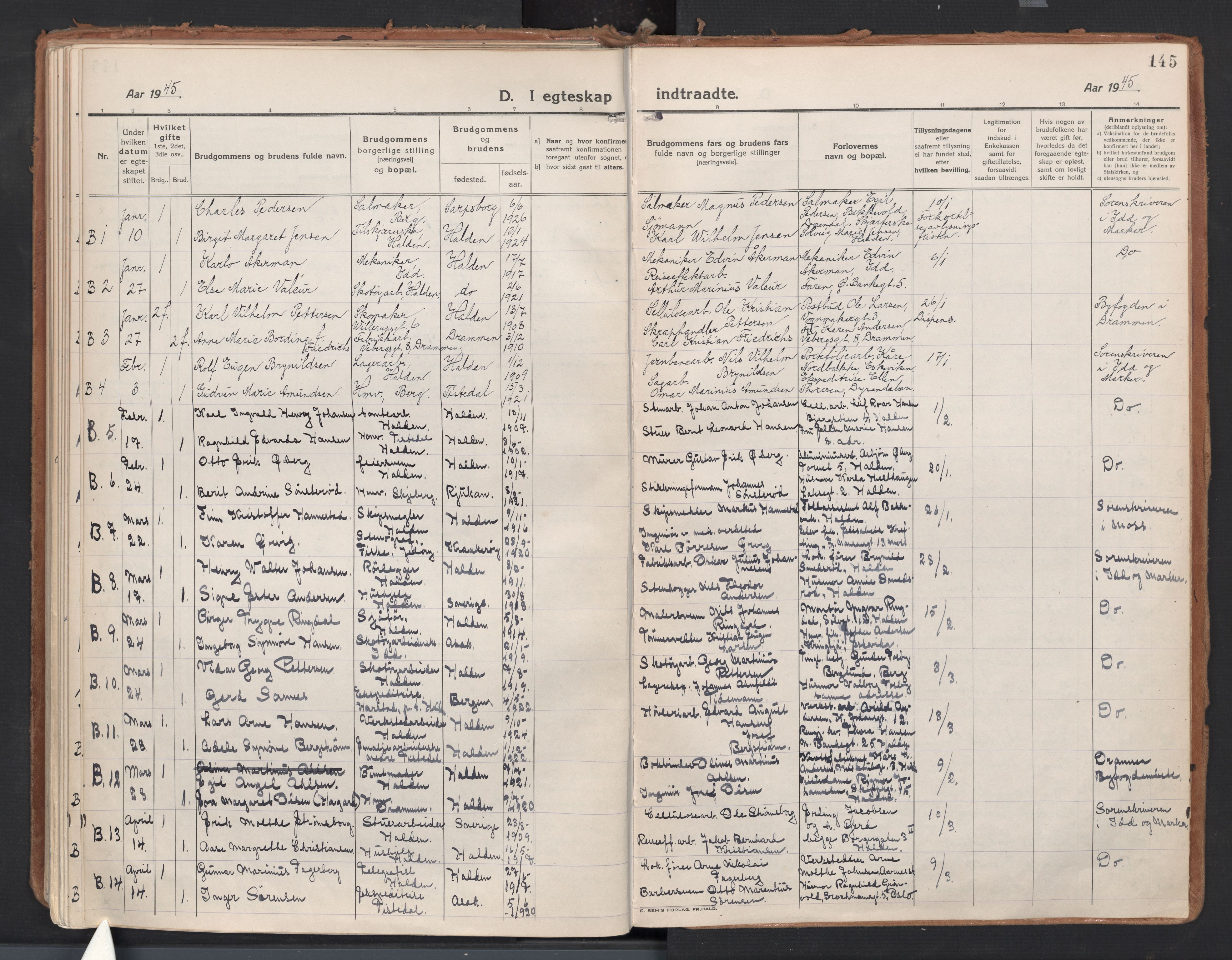 Halden prestekontor Kirkebøker, SAO/A-10909/F/Fa/L0017: Parish register (official) no. I 17, 1921-1945, p. 145
