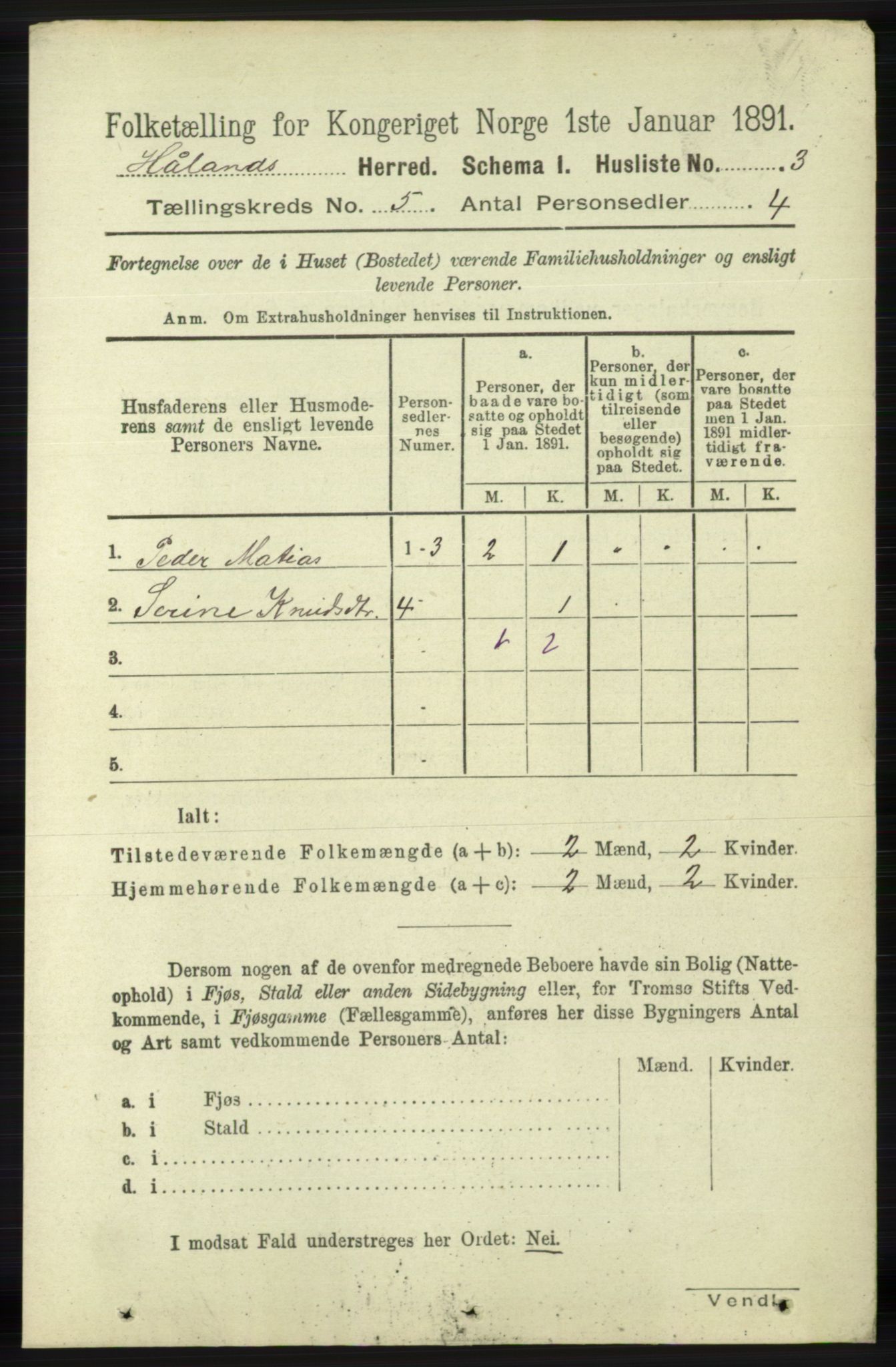 RA, 1891 census for 1124 Haaland, 1891, p. 3164