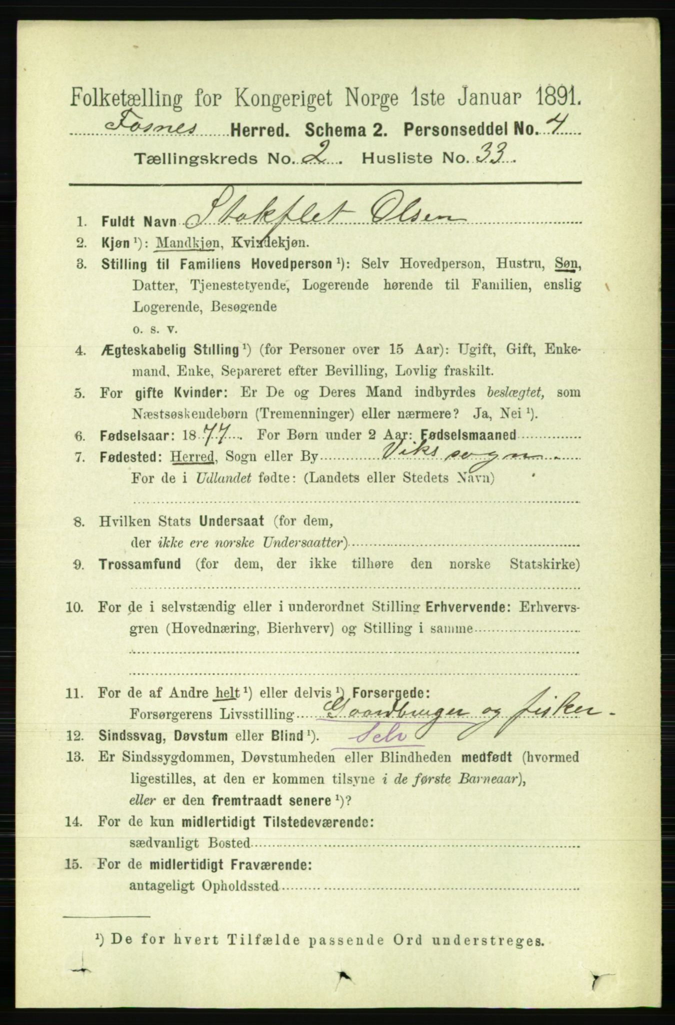 RA, 1891 census for 1748 Fosnes, 1891, p. 598