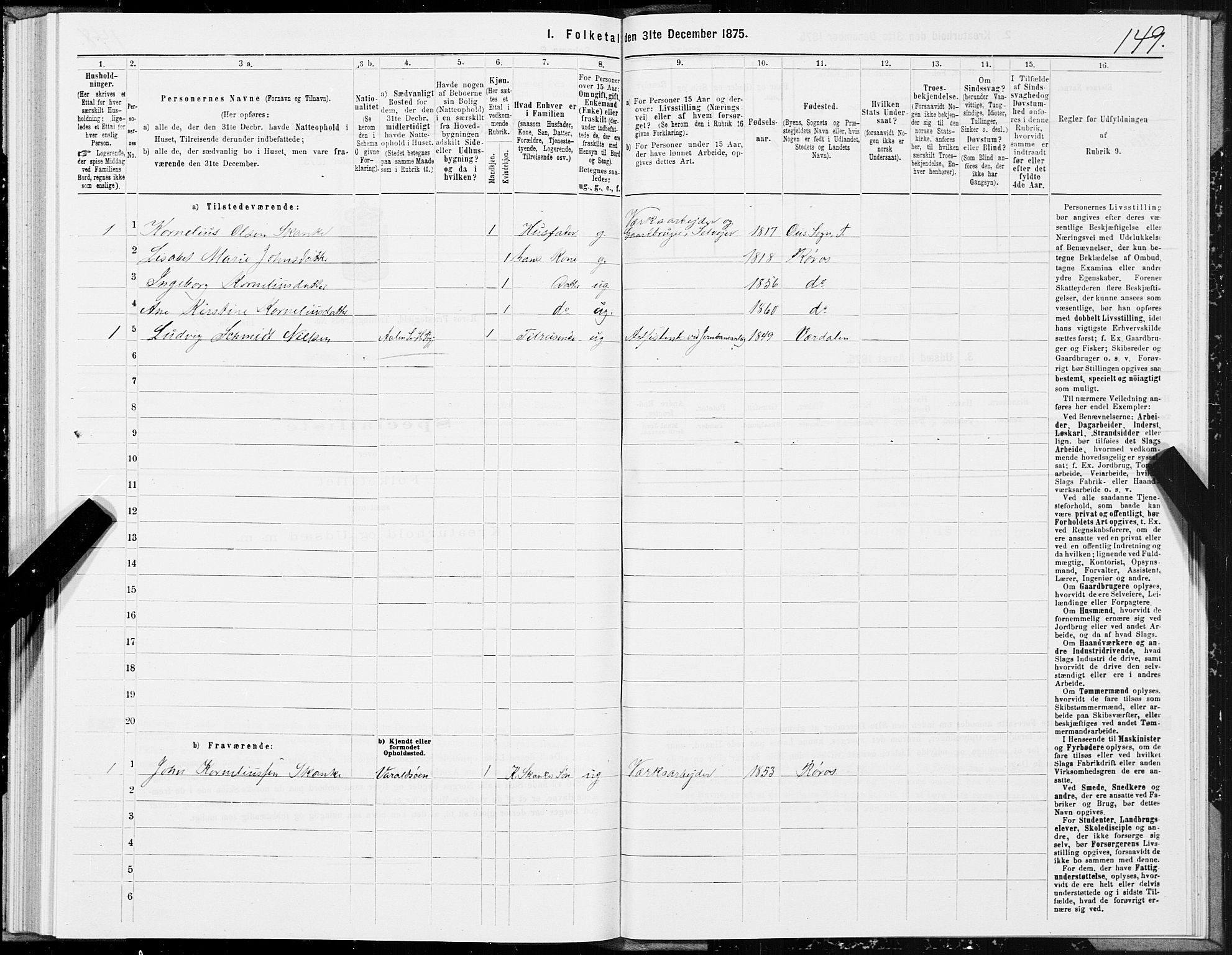 SAT, 1875 census for 1640P Røros, 1875, p. 3149