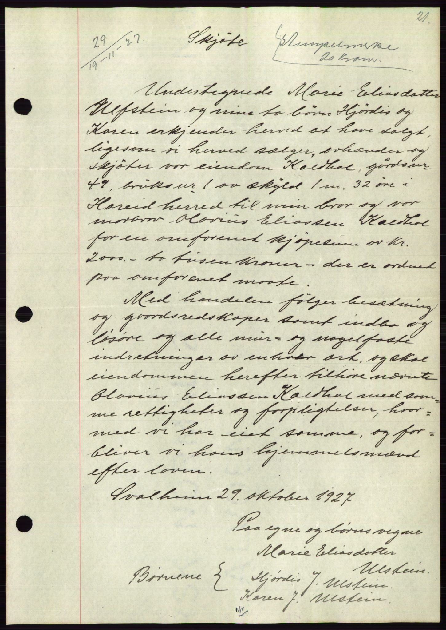 Søre Sunnmøre sorenskriveri, AV/SAT-A-4122/1/2/2C/L0047: Mortgage book no. 41, 1927-1928, Deed date: 19.11.1927