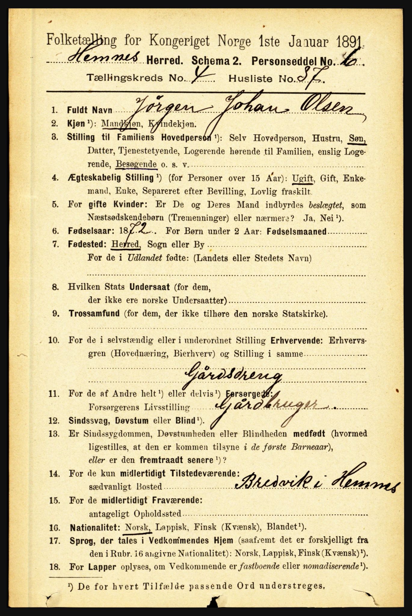 RA, 1891 census for 1832 Hemnes, 1891, p. 2482