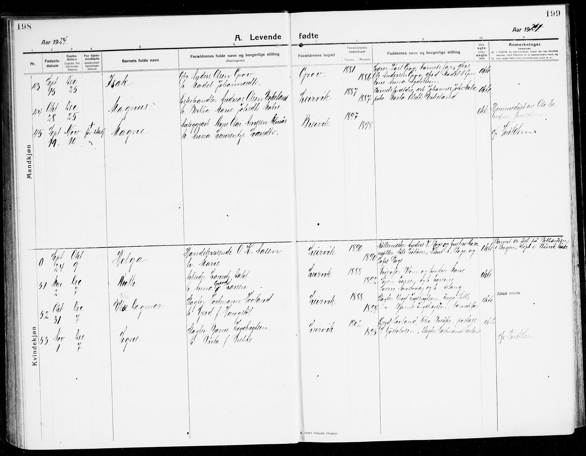 Stord sokneprestembete, AV/SAB-A-78201/H/Haa: Parish register (official) no. B 3, 1913-1925, p. 198-199