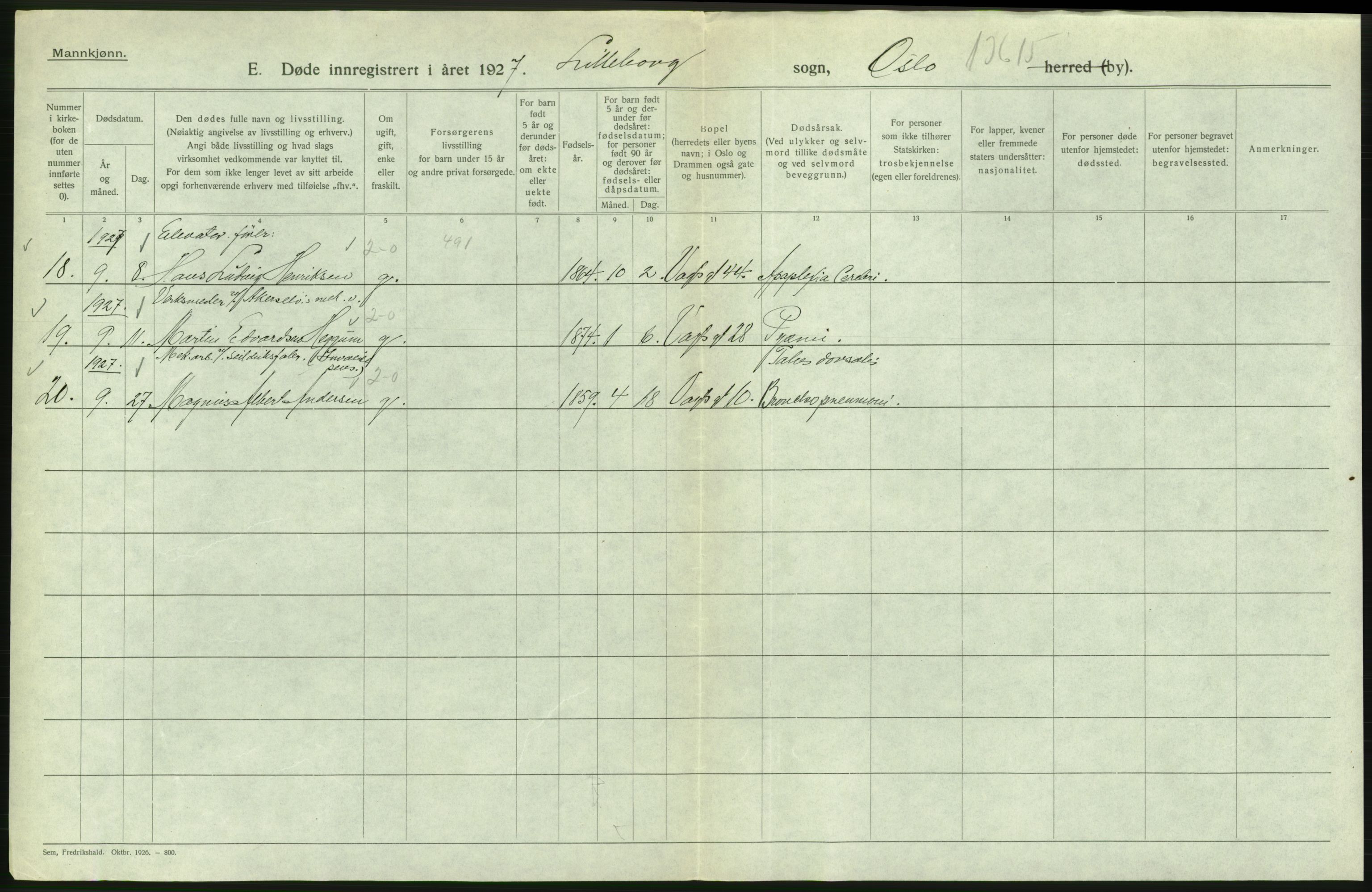 Statistisk sentralbyrå, Sosiodemografiske emner, Befolkning, RA/S-2228/D/Df/Dfc/Dfcg/L0009: Oslo: Døde menn, 1927, p. 294