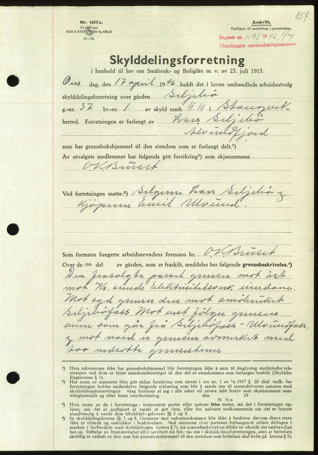 Nordmøre sorenskriveri, AV/SAT-A-4132/1/2/2Ca: Mortgage book no. A101, 1946-1946, Diary no: : 1195/1946