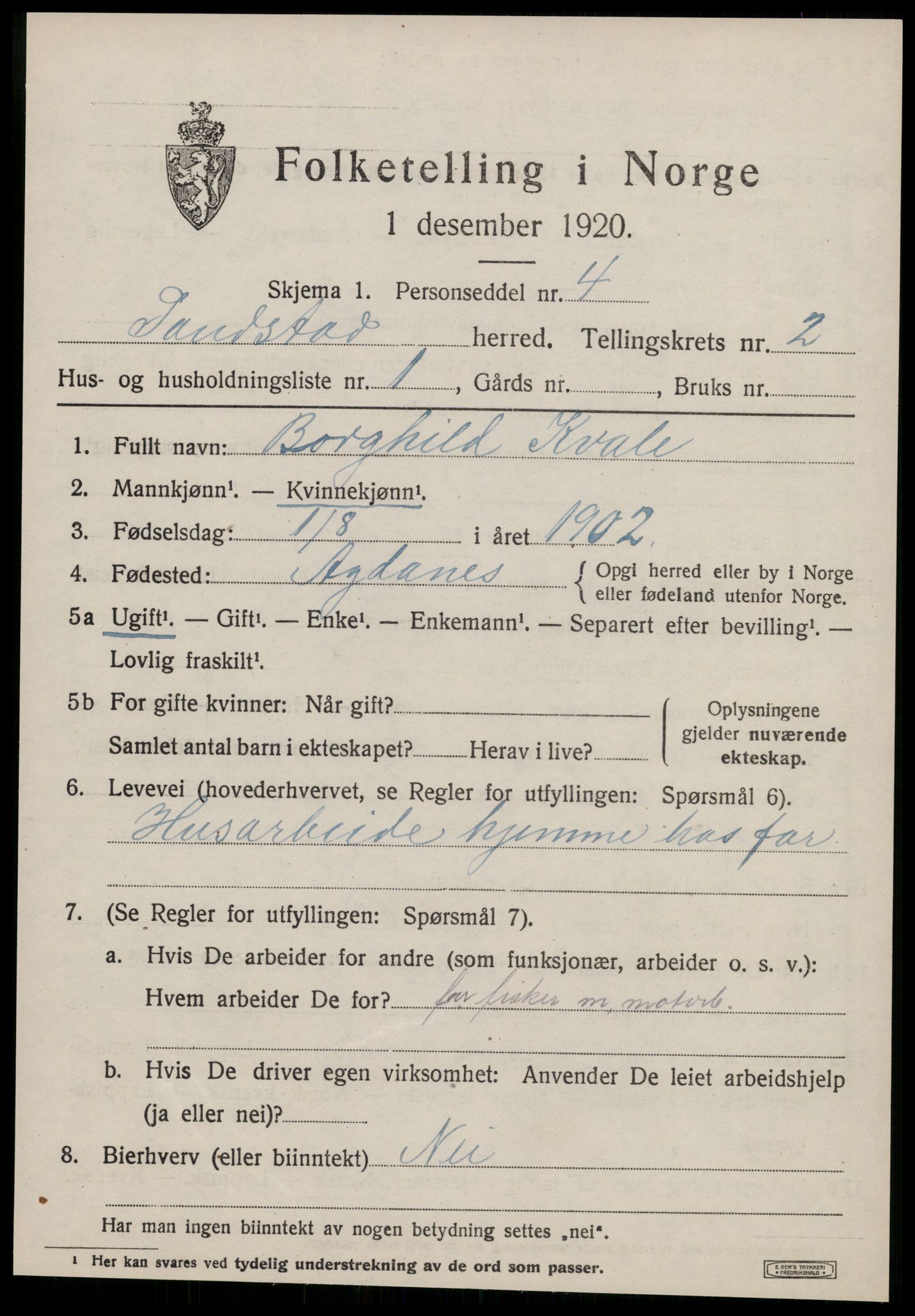 SAT, 1920 census for Sandstad, 1920, p. 655