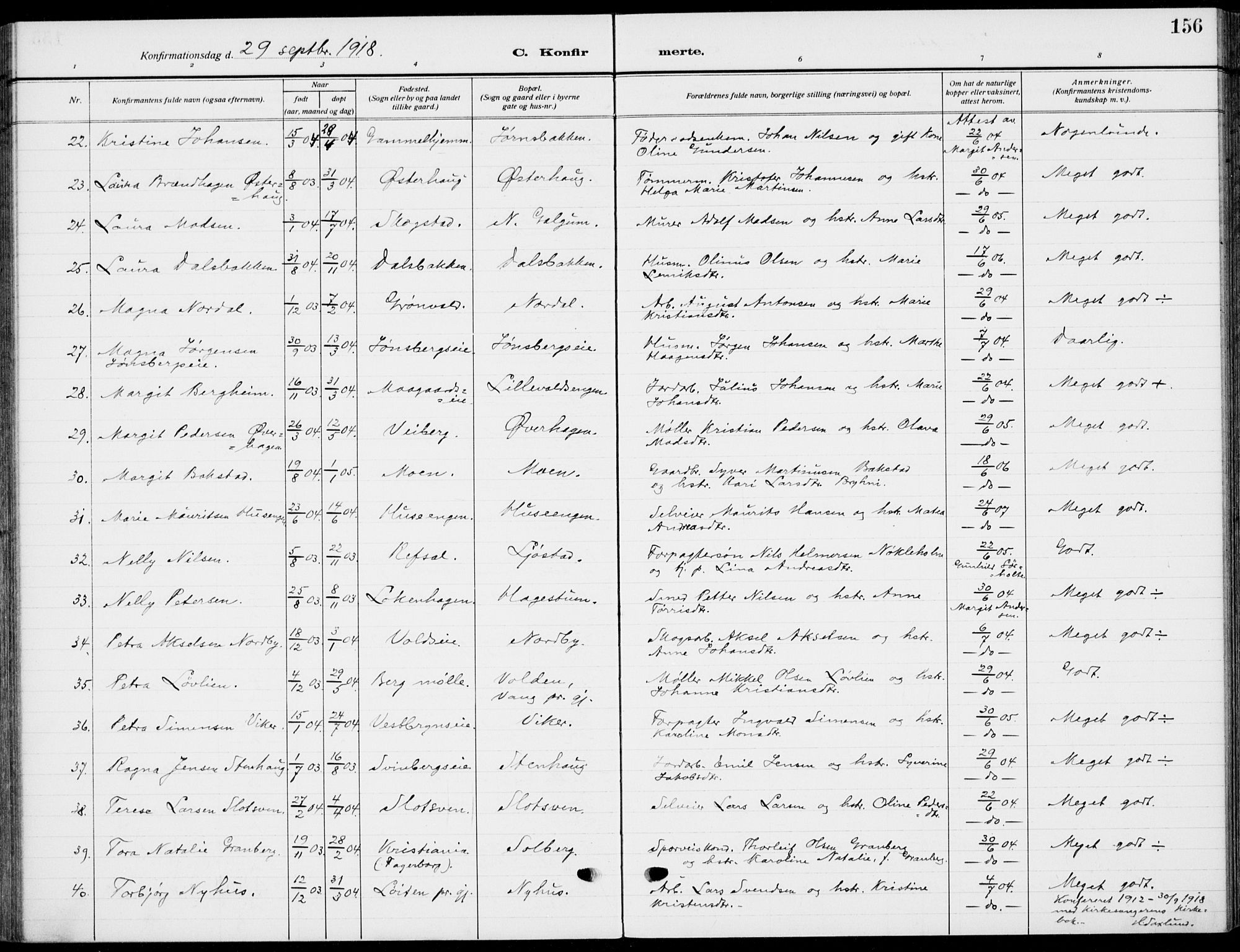 Romedal prestekontor, AV/SAH-PREST-004/K/L0012: Parish register (official) no. 12, 1913-1935, p. 156