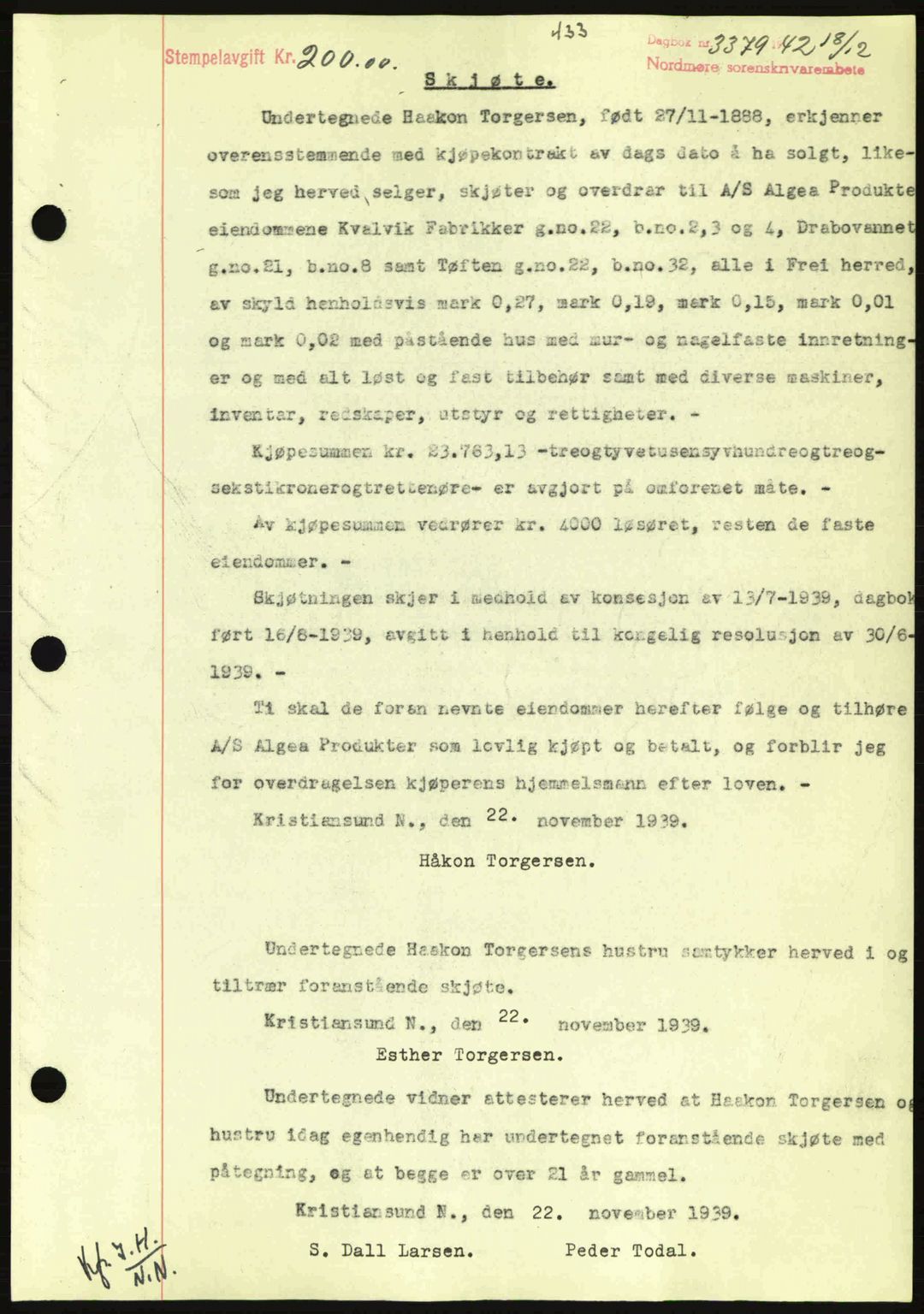 Nordmøre sorenskriveri, AV/SAT-A-4132/1/2/2Ca: Mortgage book no. A94, 1942-1943, Diary no: : 3379/1942