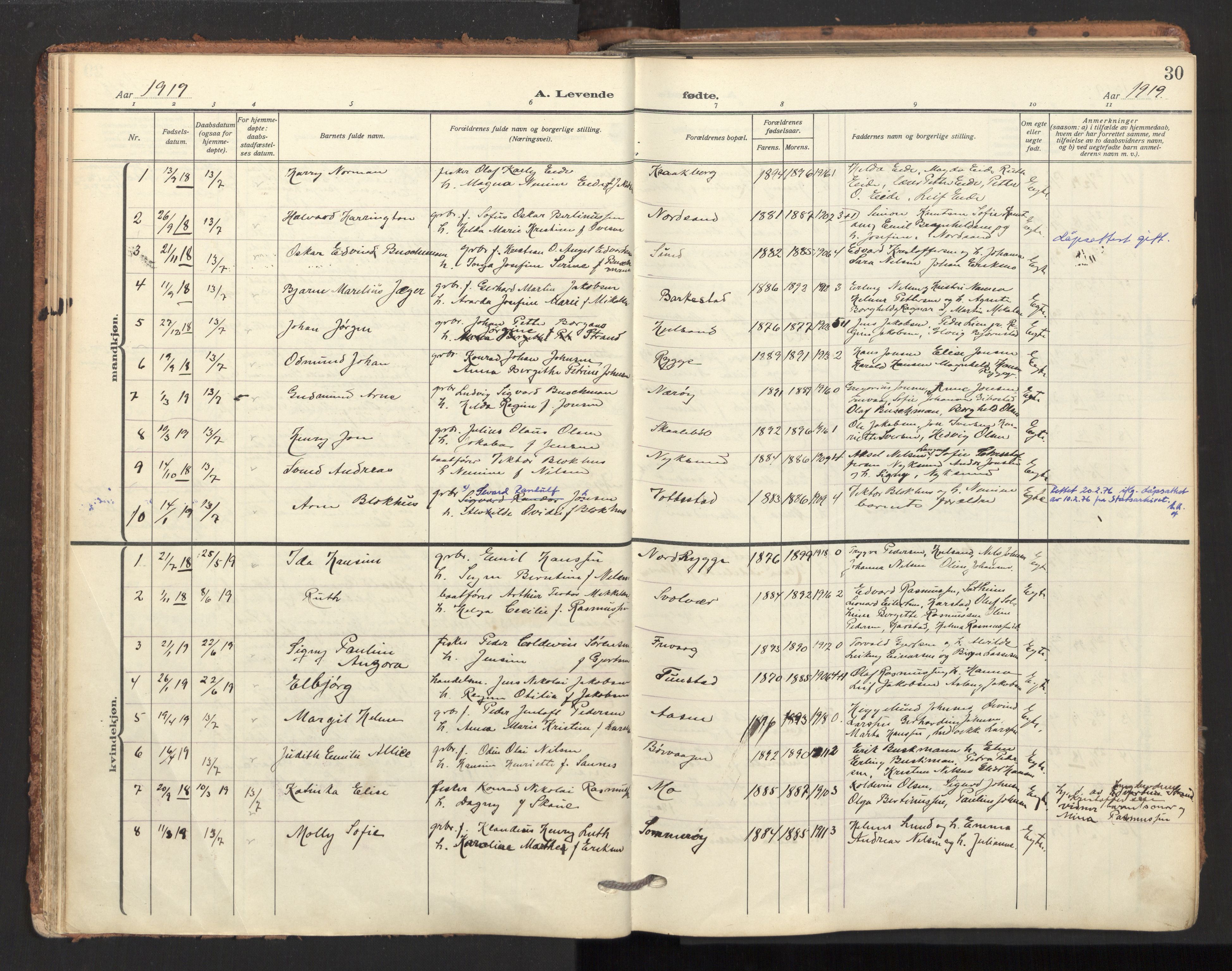 Ministerialprotokoller, klokkerbøker og fødselsregistre - Nordland, SAT/A-1459/893/L1343: Parish register (official) no. 893A15, 1914-1928, p. 30