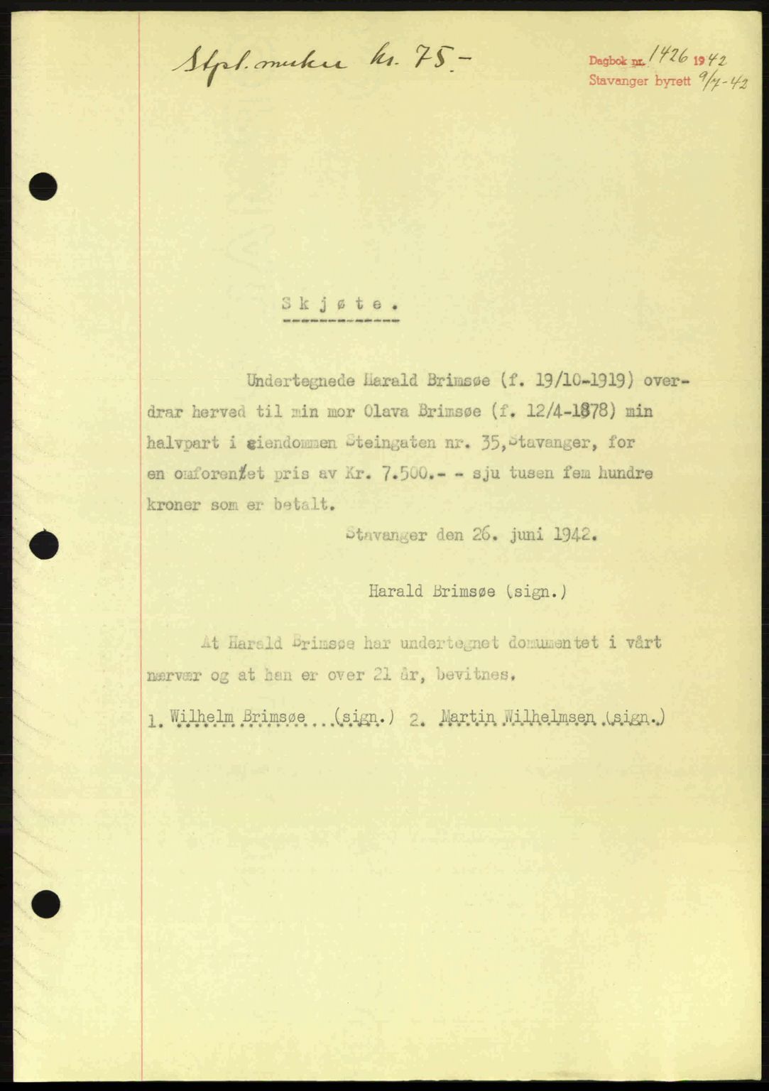 Stavanger byrett, SAST/A-100455/002/G/Gb/L0017: Mortgage book no. A7, 1941-1943, Diary no: : 1426/1942
