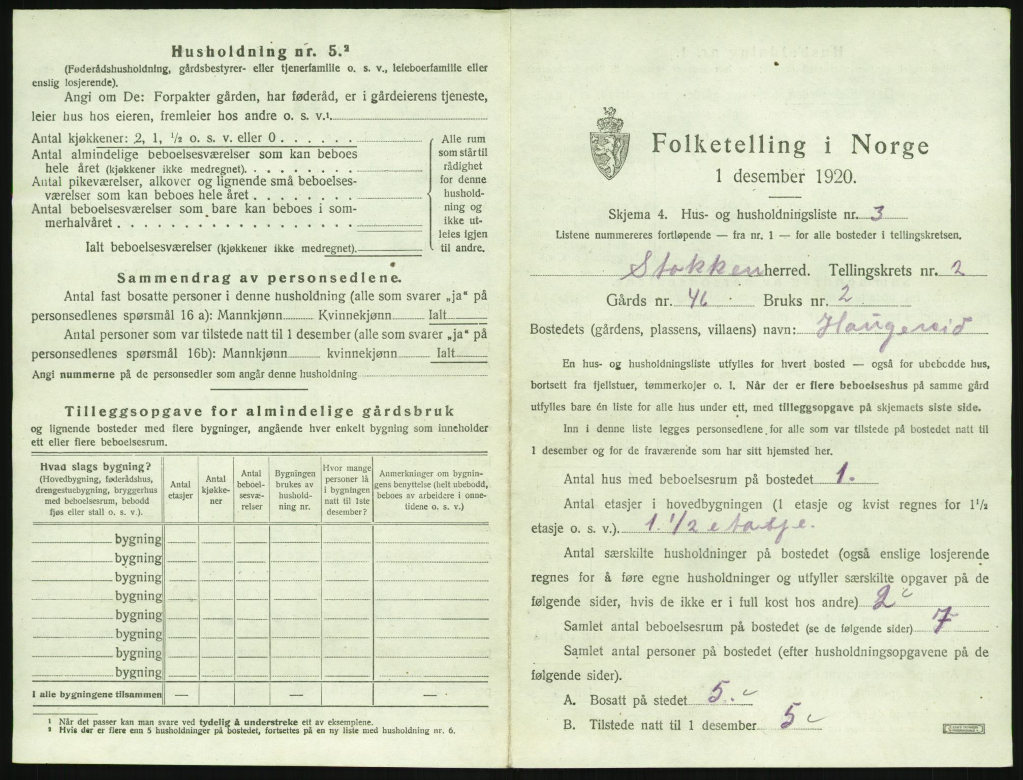 SAK, 1920 census for Stokken, 1920, p. 224