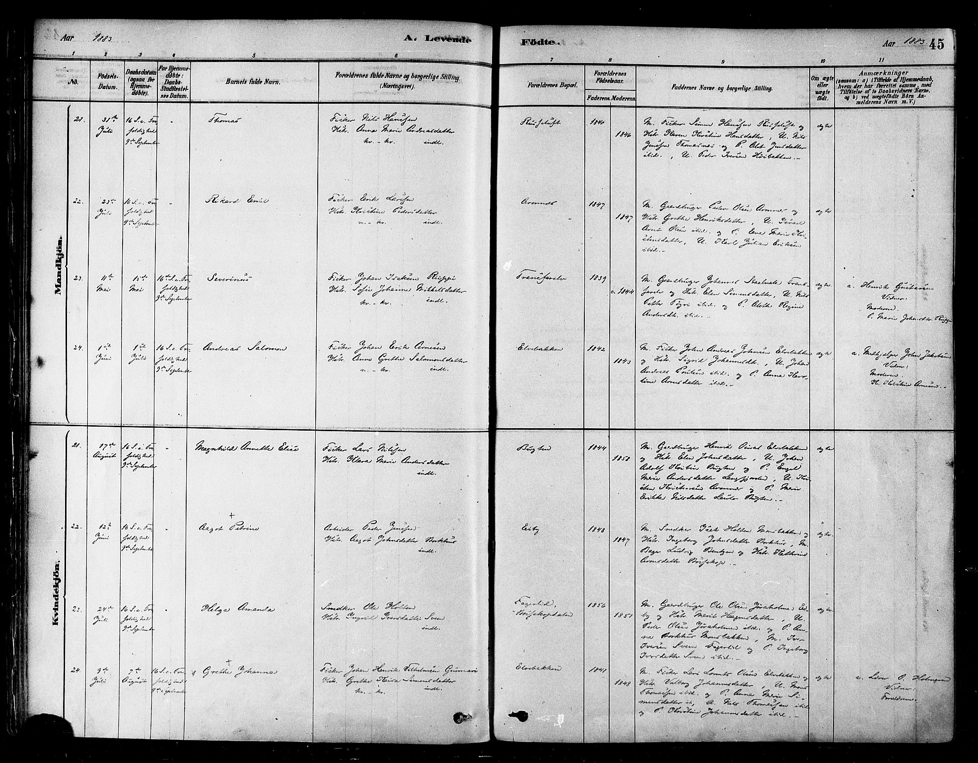 Alta sokneprestkontor, AV/SATØ-S-1338/H/Ha/L0002.kirke: Parish register (official) no. 2, 1879-1892, p. 45