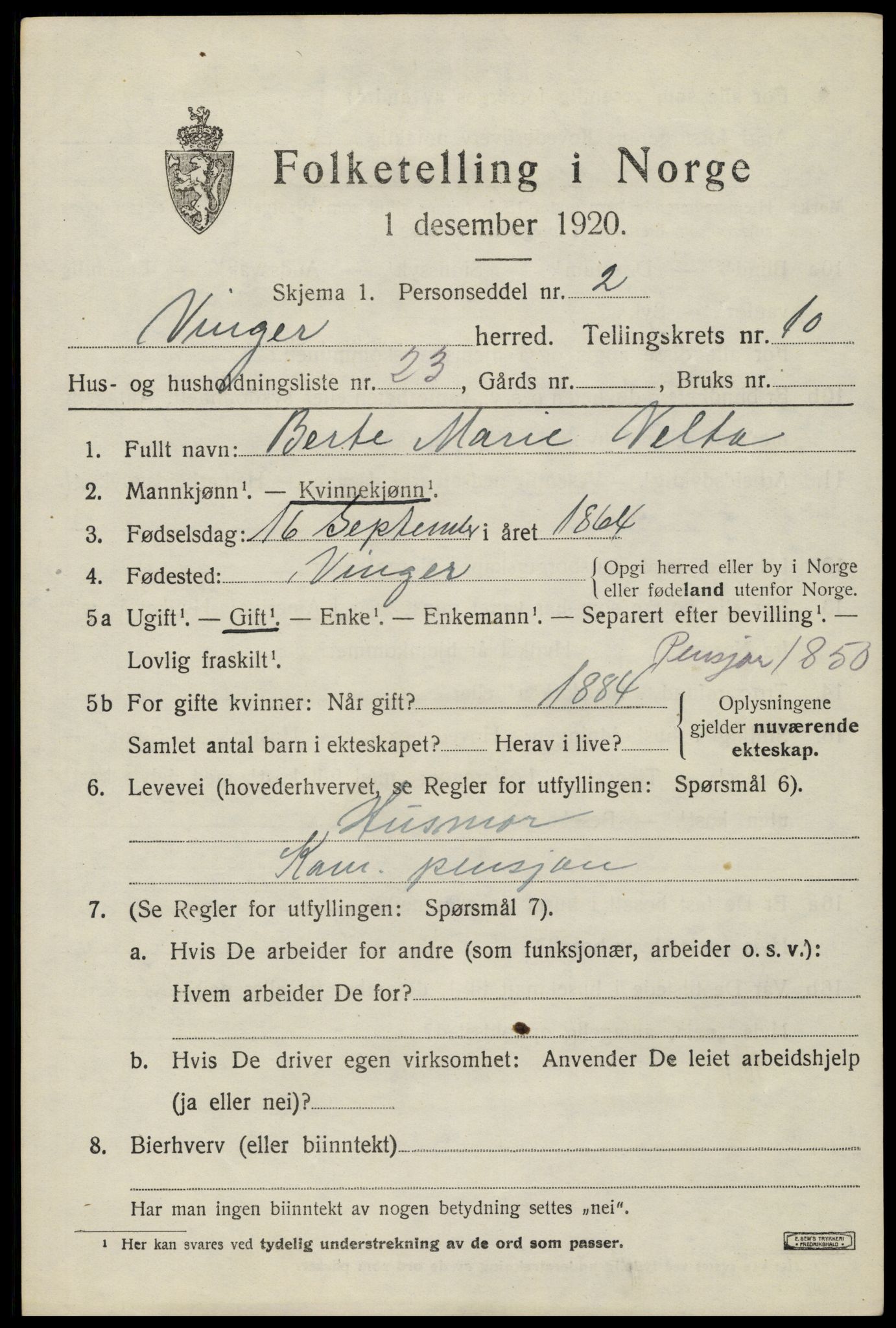 SAH, 1920 census for Vinger, 1920, p. 8796