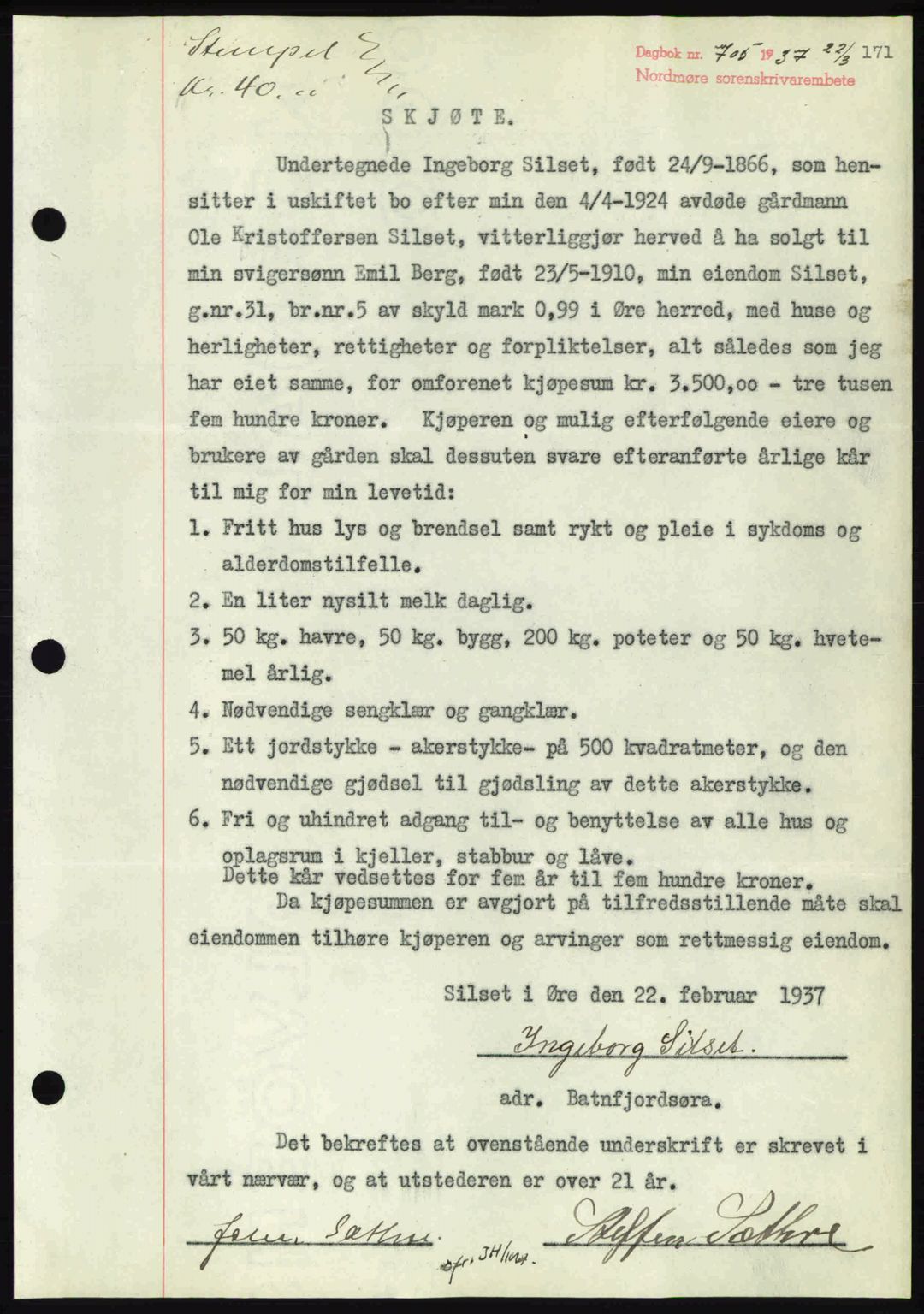 Nordmøre sorenskriveri, AV/SAT-A-4132/1/2/2Ca: Mortgage book no. A81, 1937-1937, Diary no: : 705/1937