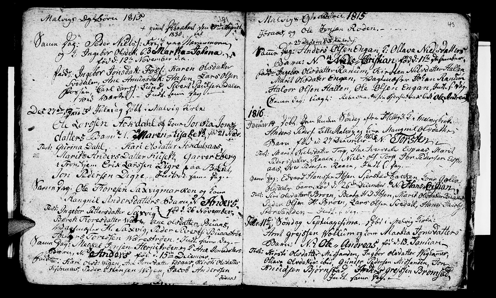 Ministerialprotokoller, klokkerbøker og fødselsregistre - Sør-Trøndelag, SAT/A-1456/616/L0419: Parish register (copy) no. 616C02, 1797-1816, p. 43