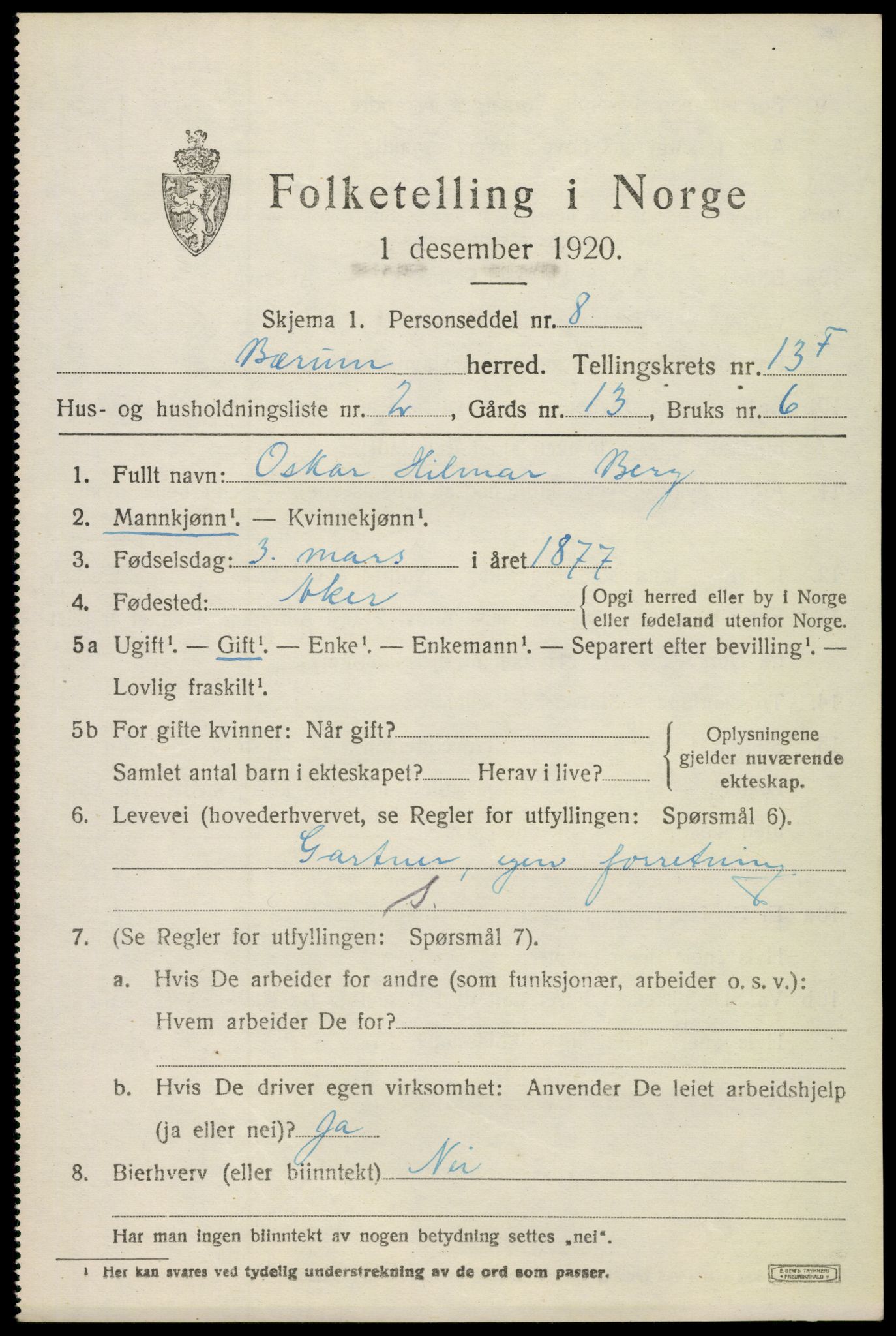 SAO, 1920 census for Bærum, 1920, p. 38992