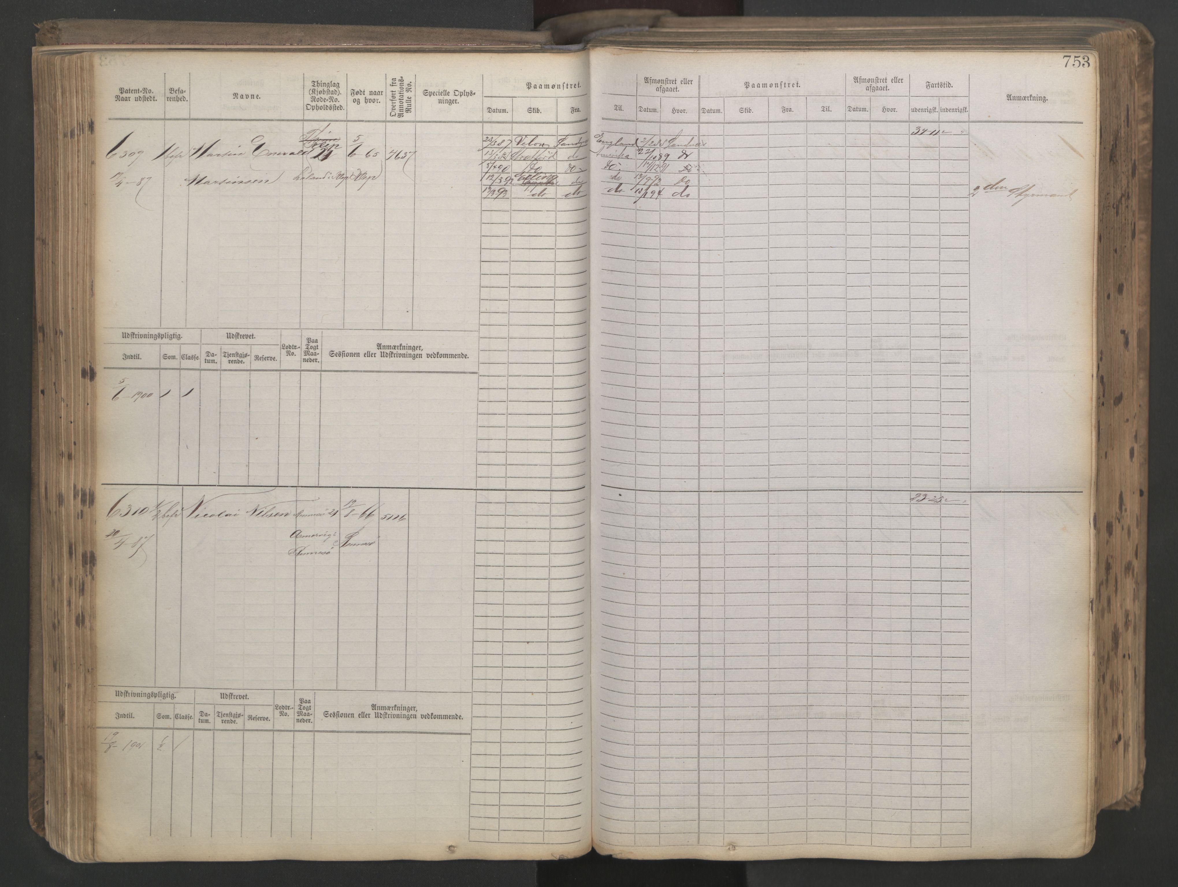 Stavanger sjømannskontor, AV/SAST-A-102006/F/Fb/Fbb/L0021: Sjøfartshovedrulle patnentnr. 6005-7204 (dublett), 1887, p. 157