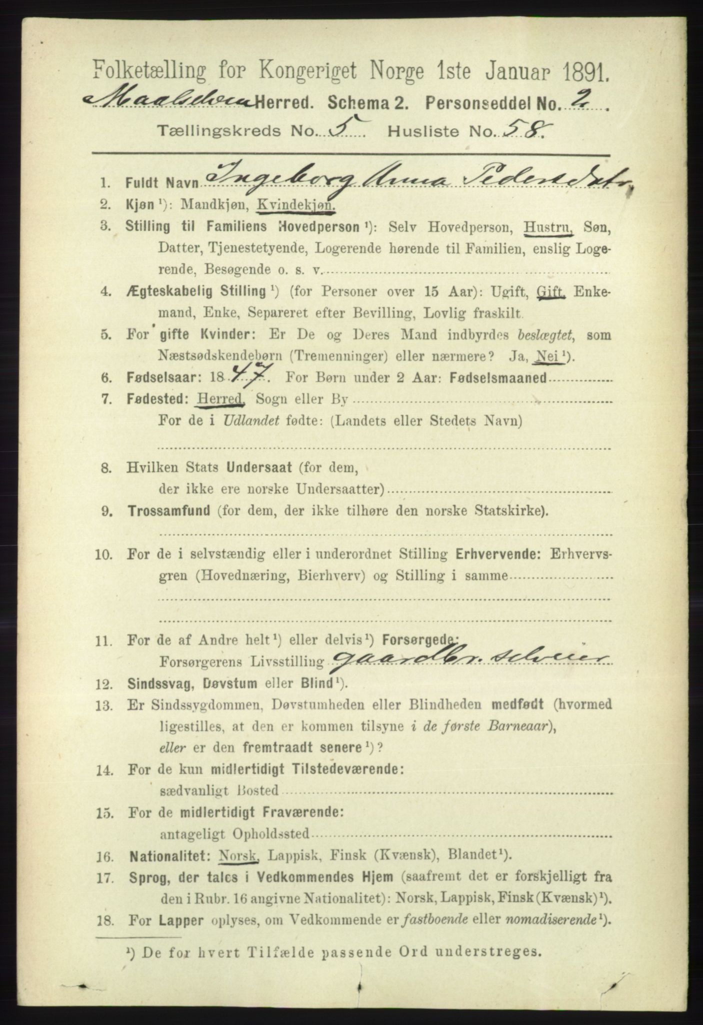 RA, 1891 census for 1924 Målselv, 1891, p. 2000