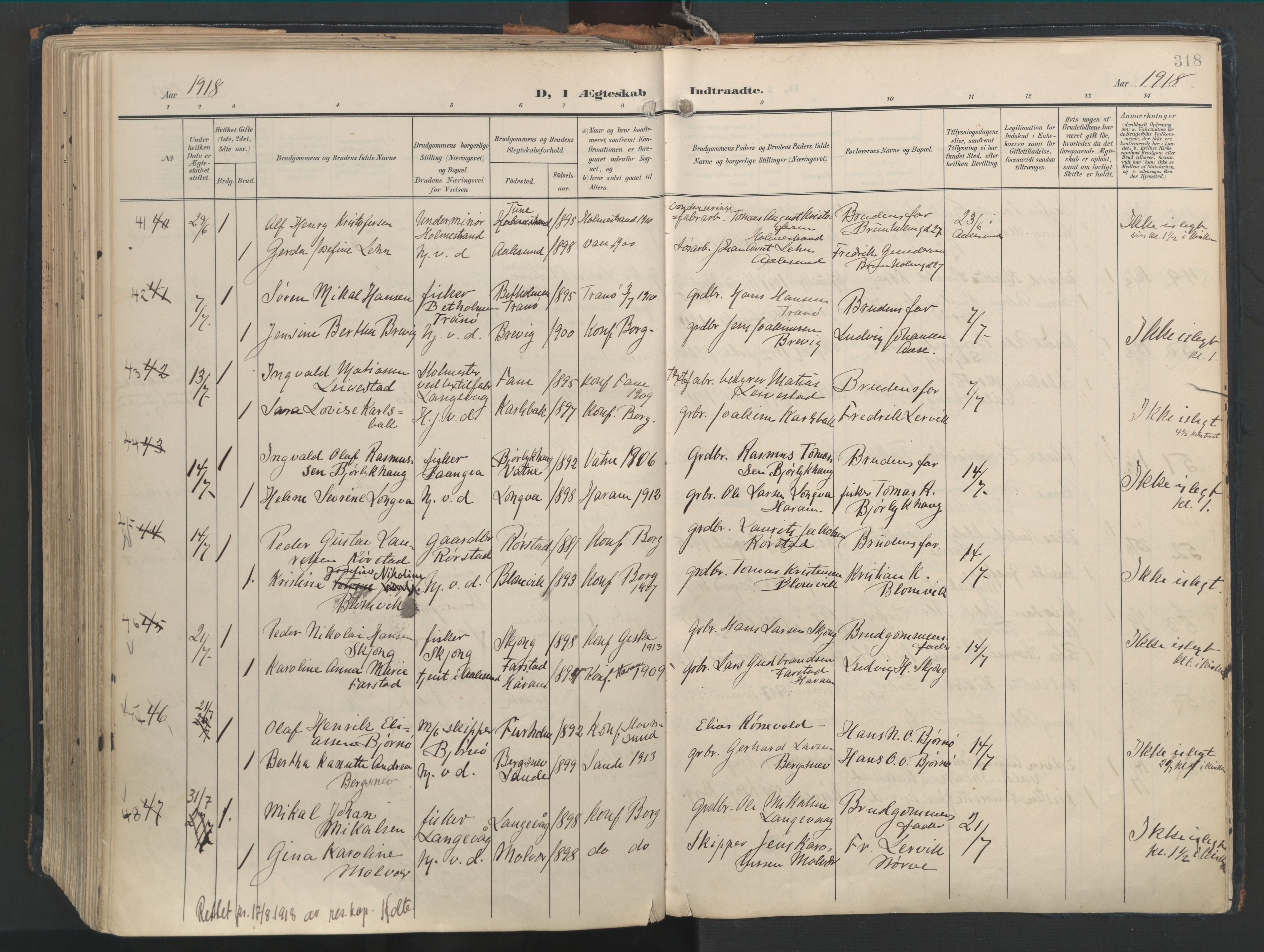 Ministerialprotokoller, klokkerbøker og fødselsregistre - Møre og Romsdal, AV/SAT-A-1454/528/L0411: Parish register (official) no. 528A20, 1907-1920, p. 318