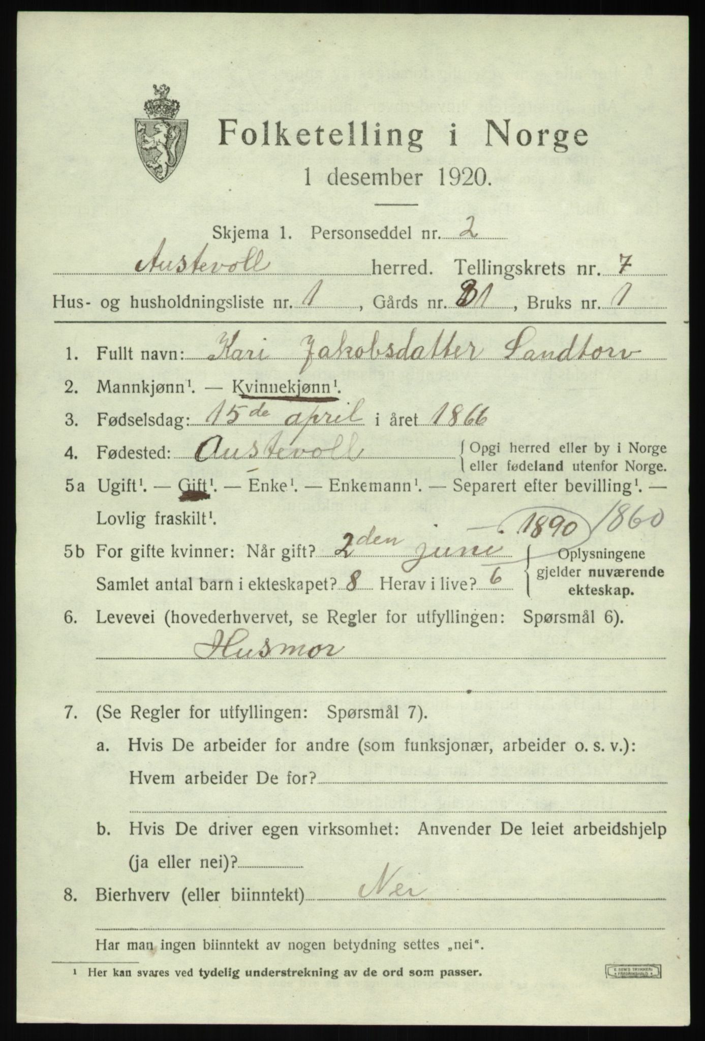 SAB, 1920 census for Austevoll, 1920, p. 3644