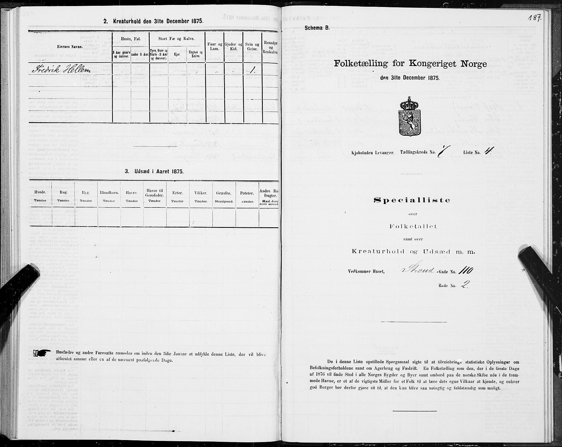 SAT, 1875 census for 1701B Levanger/Levanger, 1875, p. 187