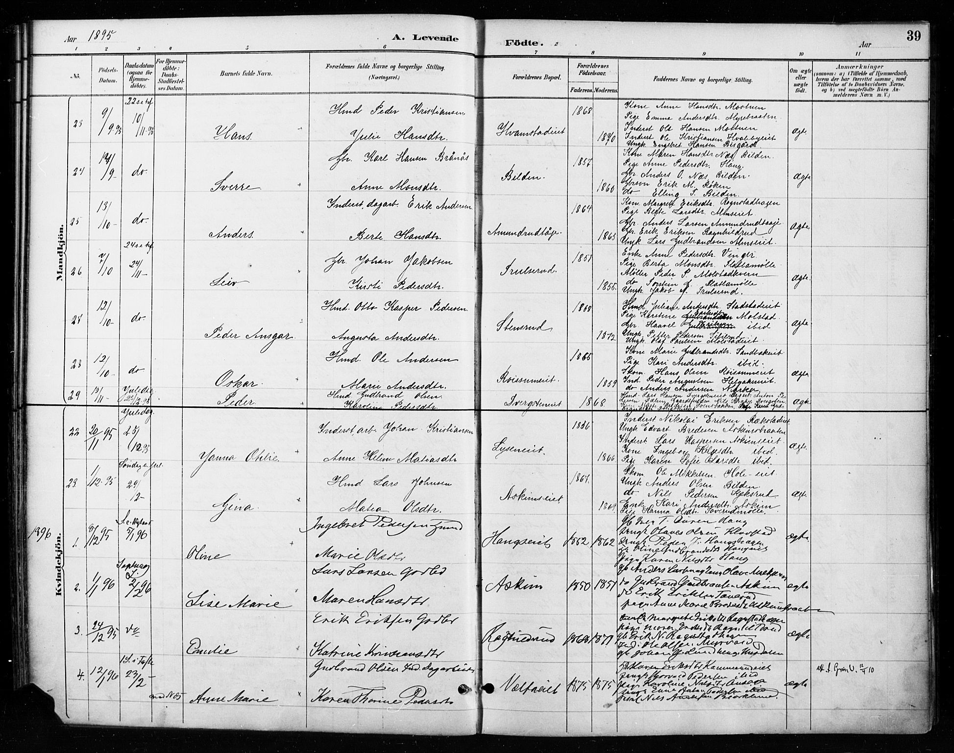 Gran prestekontor, SAH/PREST-112/H/Ha/Haa/L0018: Parish register (official) no. 18, 1889-1899, p. 39