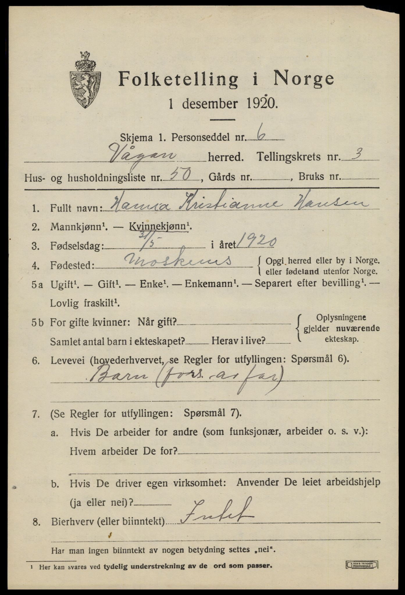 SAT, 1920 census for Vågan, 1920, p. 3165