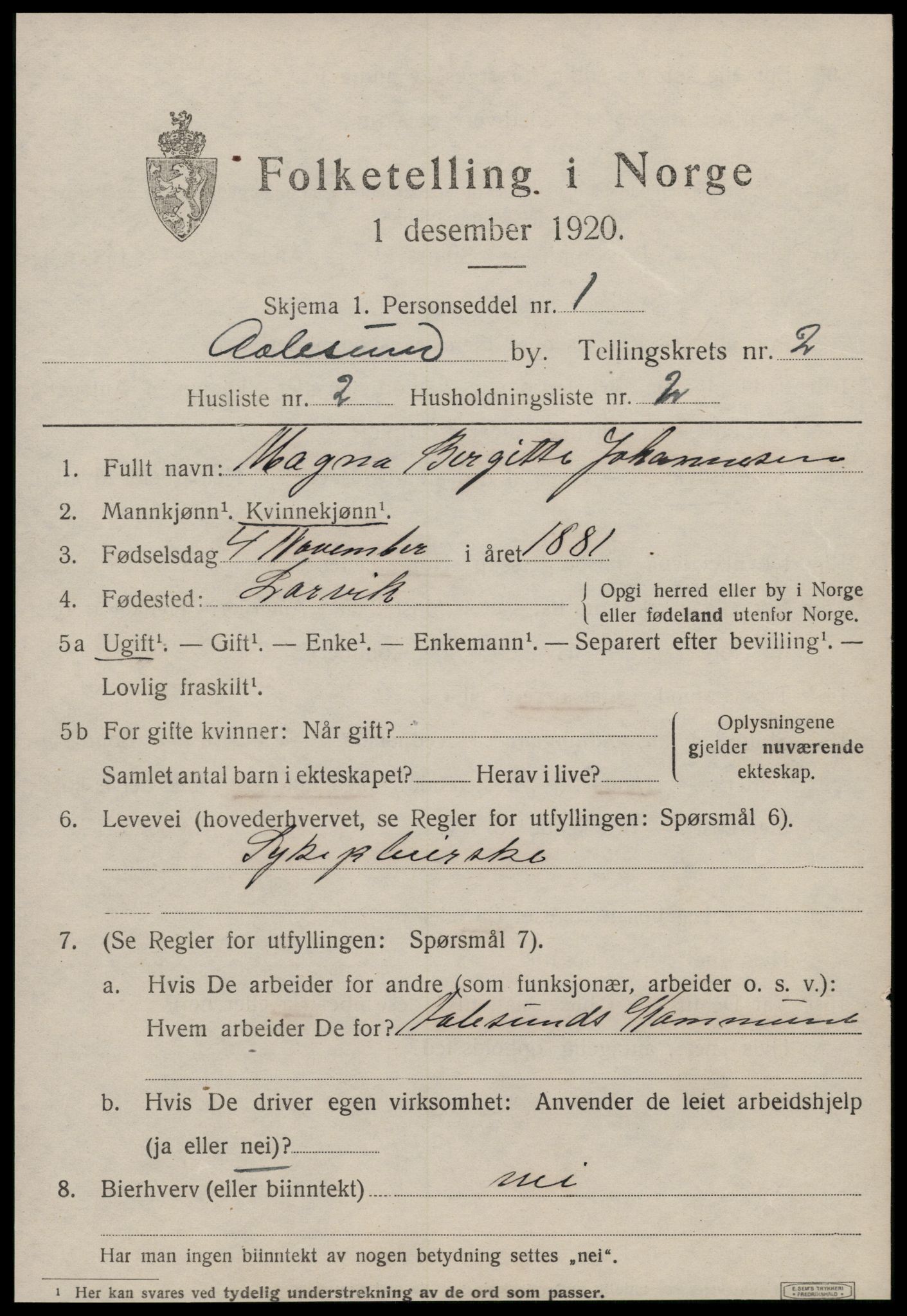 SAT, 1920 census for Ålesund, 1920, p. 10892