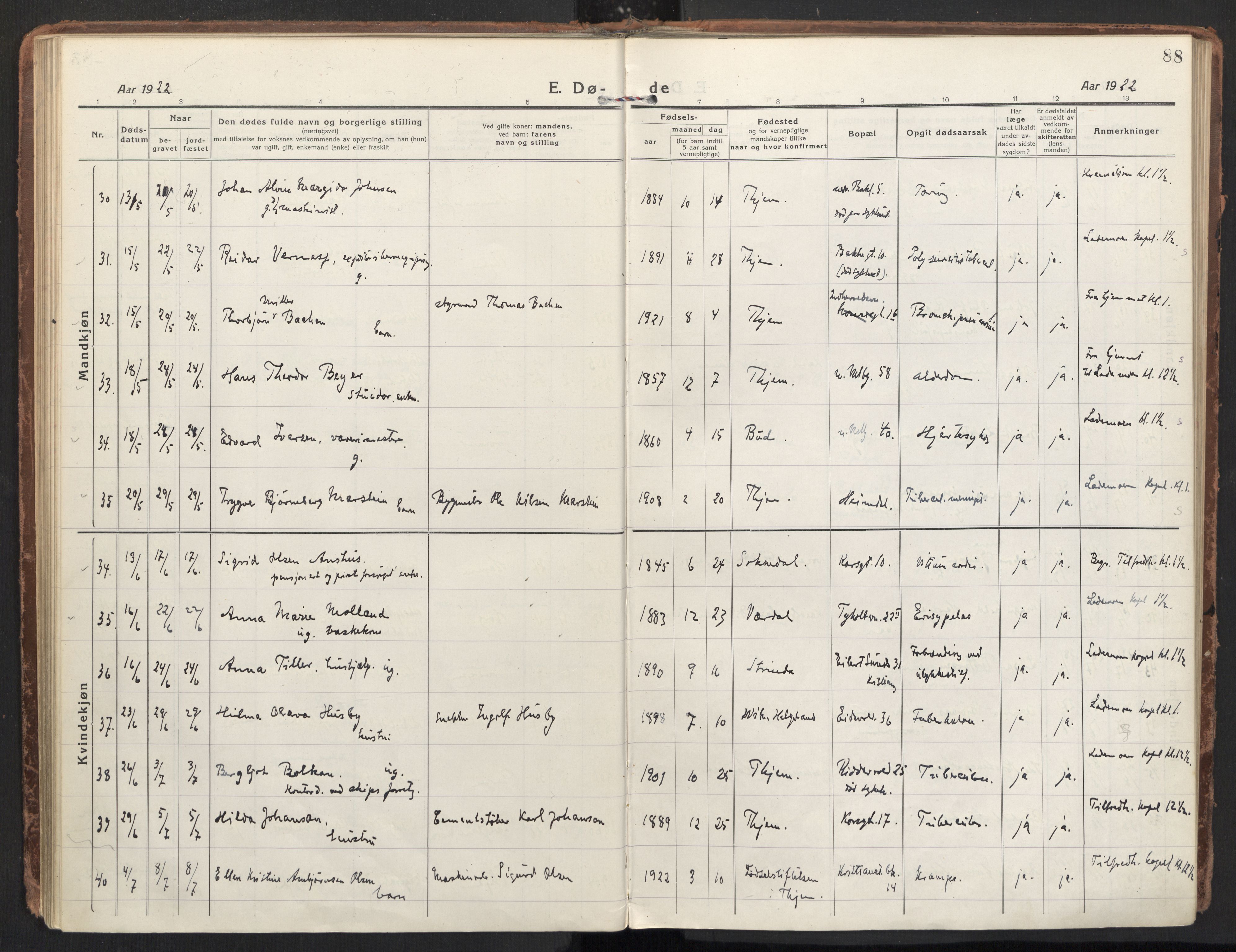 Ministerialprotokoller, klokkerbøker og fødselsregistre - Sør-Trøndelag, AV/SAT-A-1456/604/L0207: Parish register (official) no. 604A27, 1917-1933, p. 88