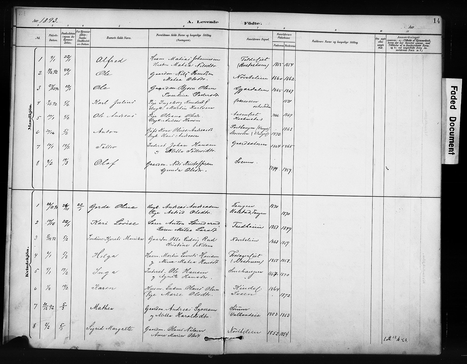 Nordre Land prestekontor, SAH/PREST-124/H/Ha/Hab/L0012: Parish register (copy) no. 12, 1891-1909, p. 14