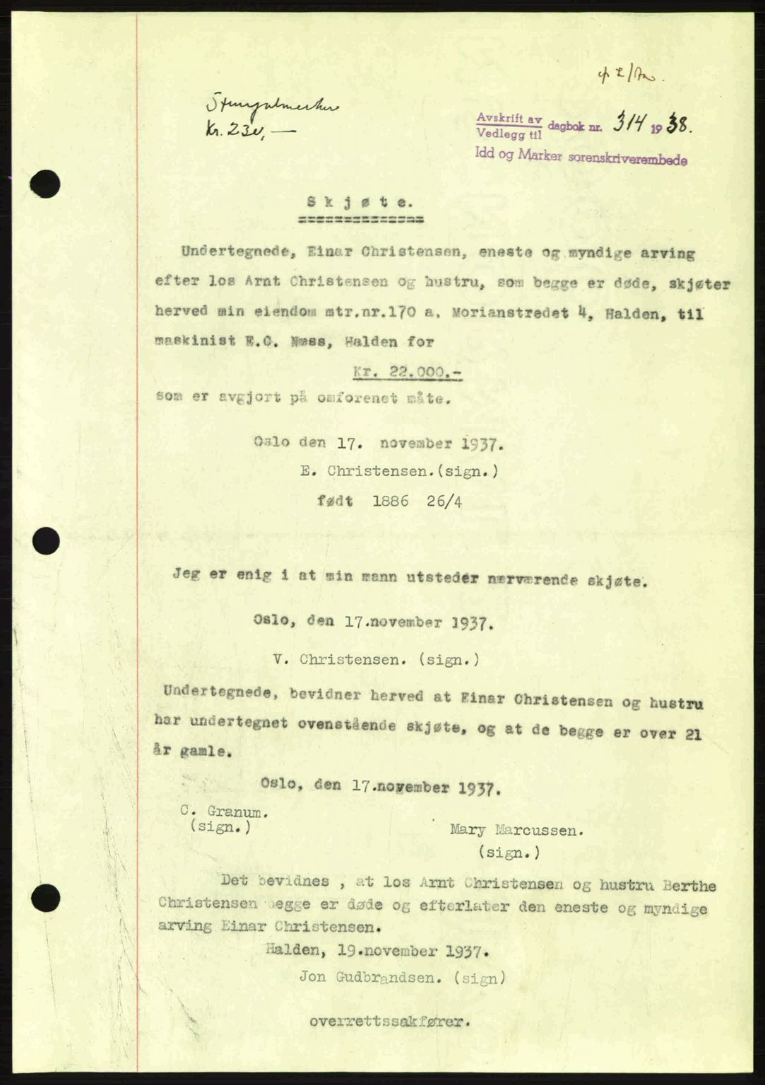 Idd og Marker sorenskriveri, AV/SAO-A-10283/G/Gb/Gbb/L0002: Mortgage book no. A2, 1937-1938, Diary no: : 314/1938