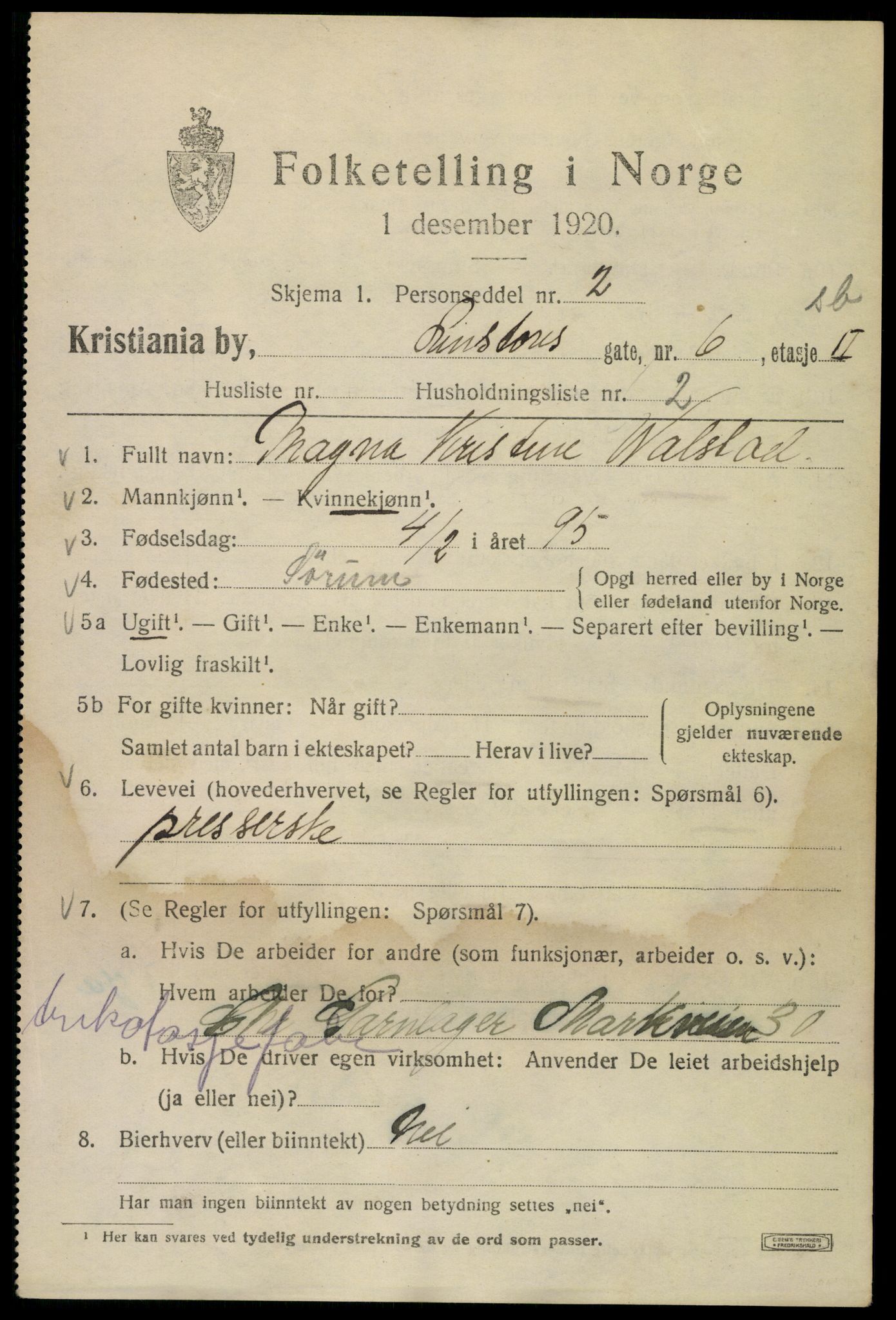 SAO, 1920 census for Kristiania, 1920, p. 365803