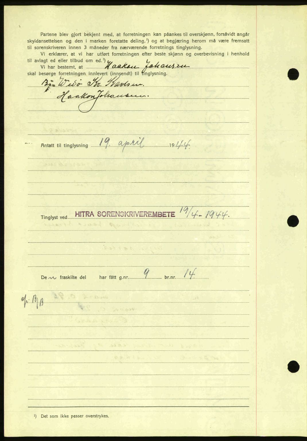 Hitra sorenskriveri, AV/SAT-A-0018/2/2C/2Ca: Mortgage book no. A2, 1943-1945, Diary no: : 278/1944