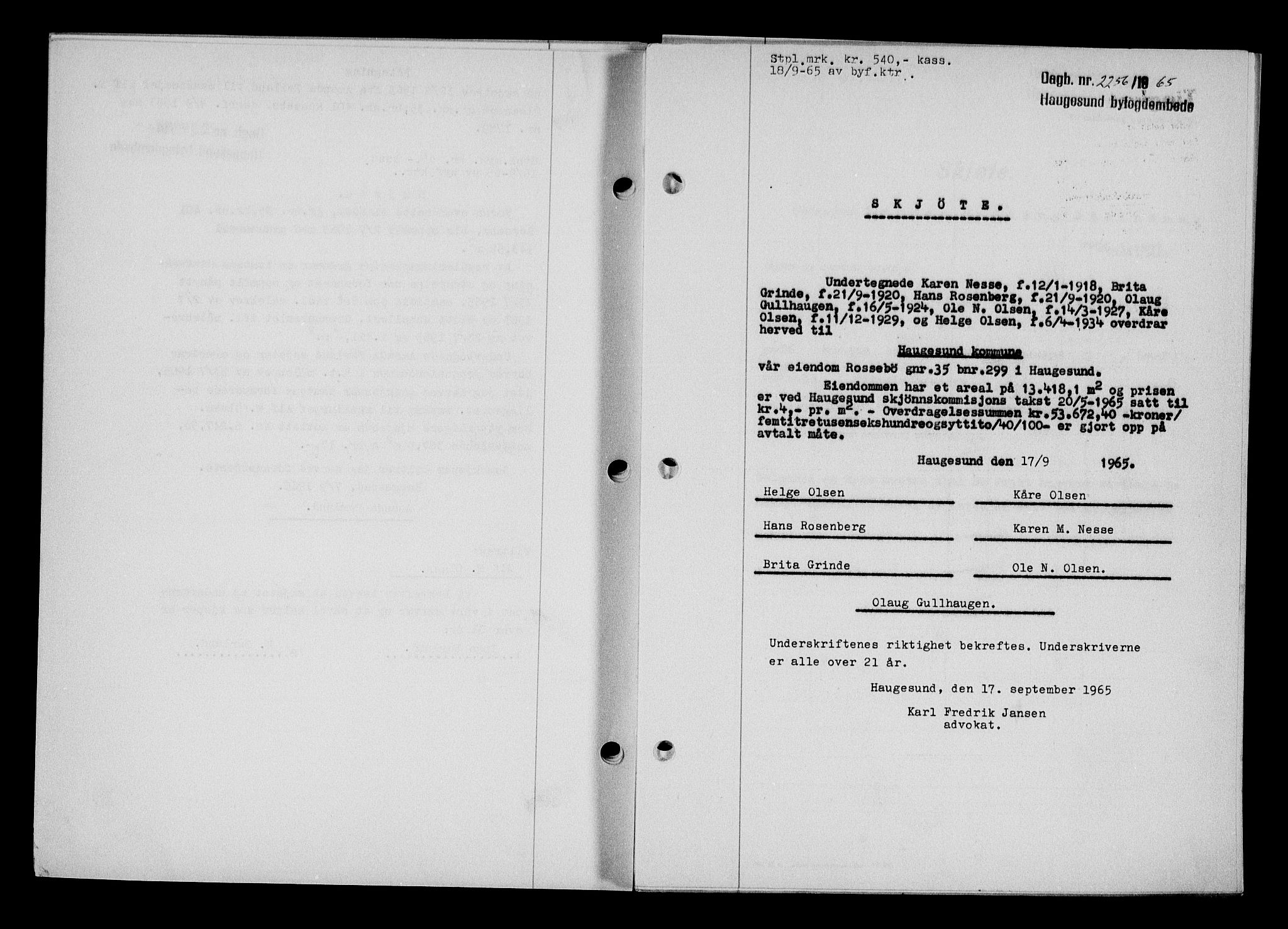 Haugesund tingrett, AV/SAST-A-101415/01/II/IIC/L0076: Mortgage book no. A 17, 1965-1966, Diary no: : 2256/1965