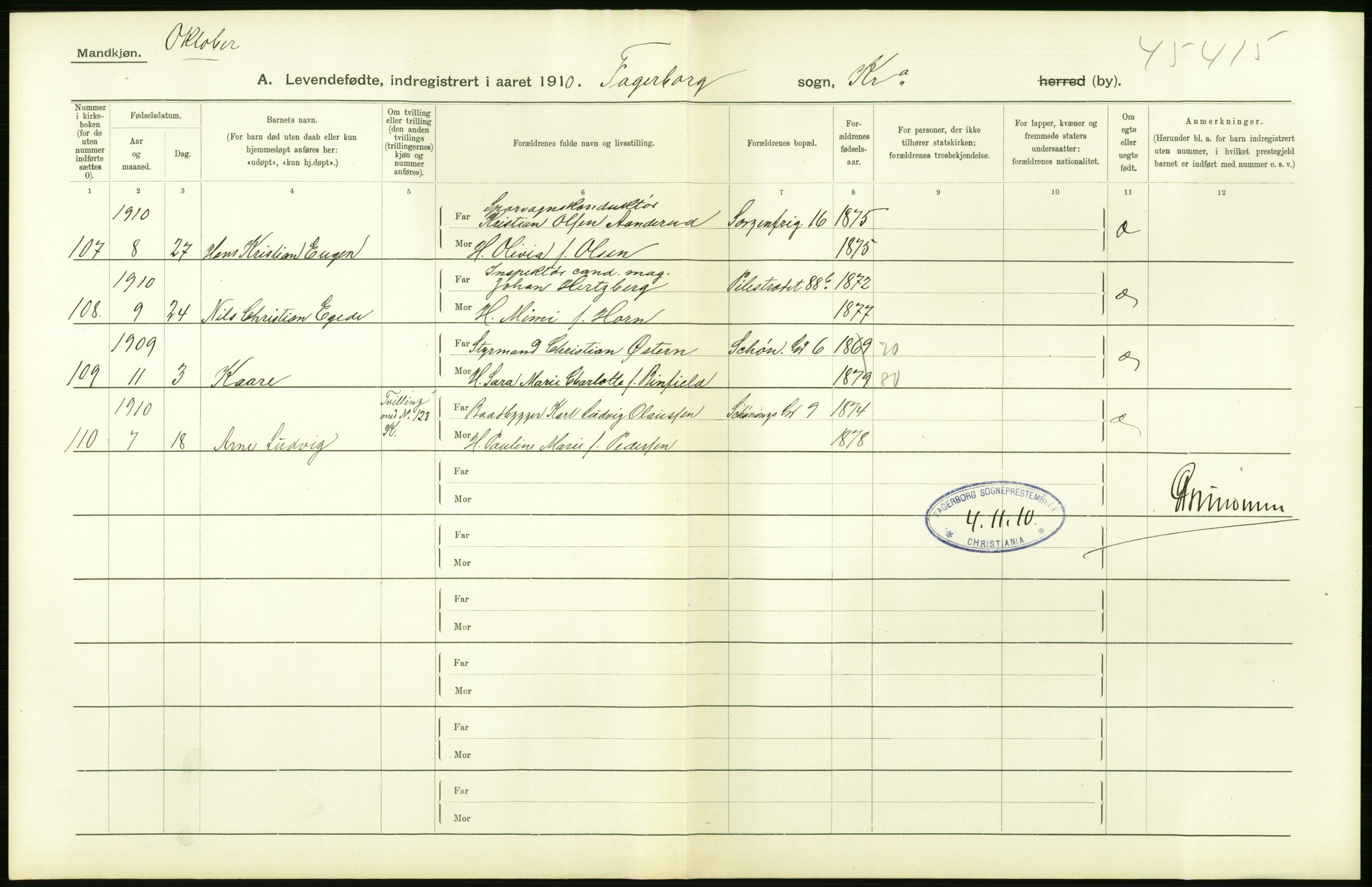 Statistisk sentralbyrå, Sosiodemografiske emner, Befolkning, AV/RA-S-2228/D/Df/Dfa/Dfah/L0006: Kristiania: Levendefødte menn., 1910, p. 752