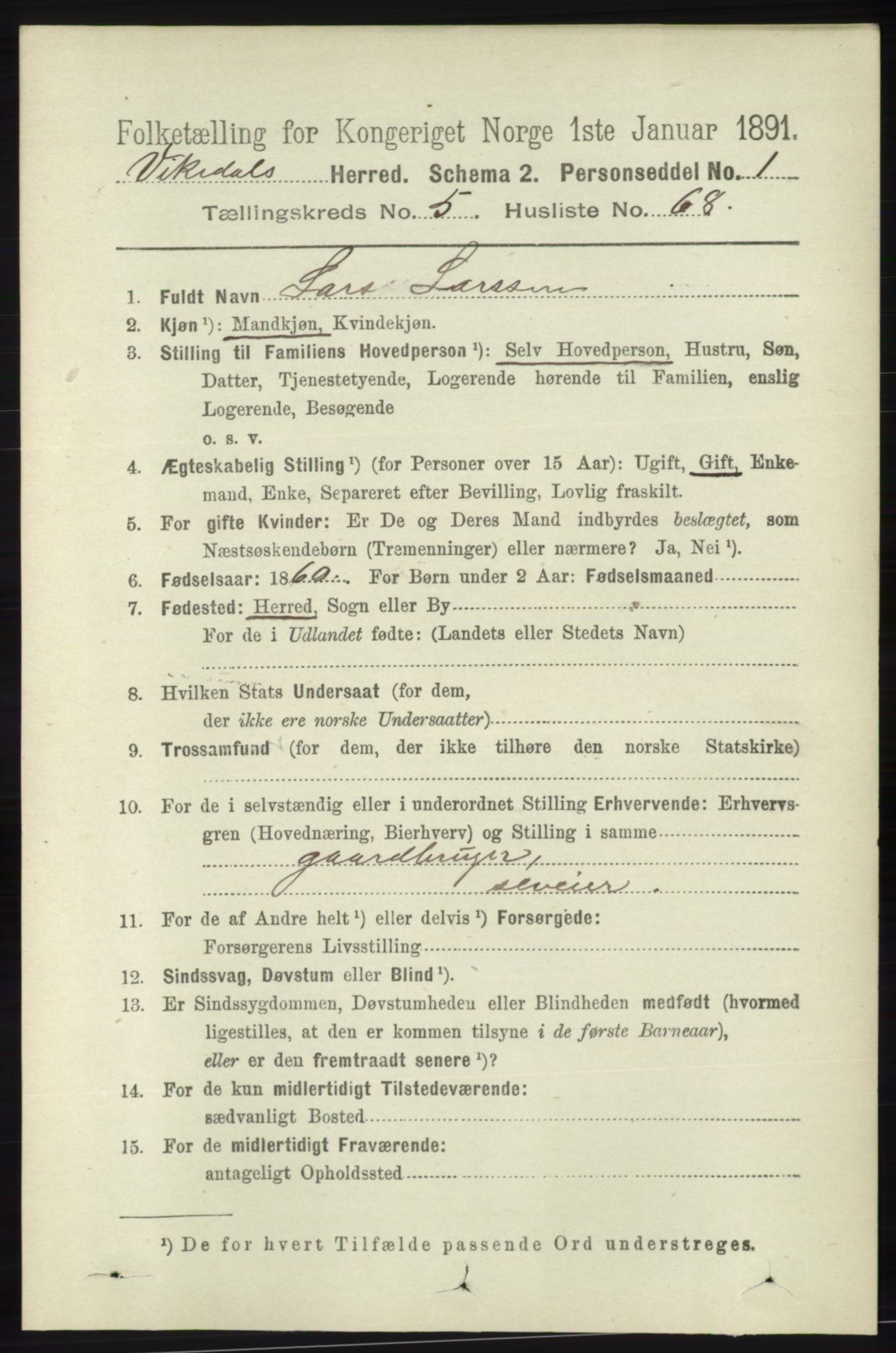 RA, 1891 census for 1157 Vikedal, 1891, p. 1471