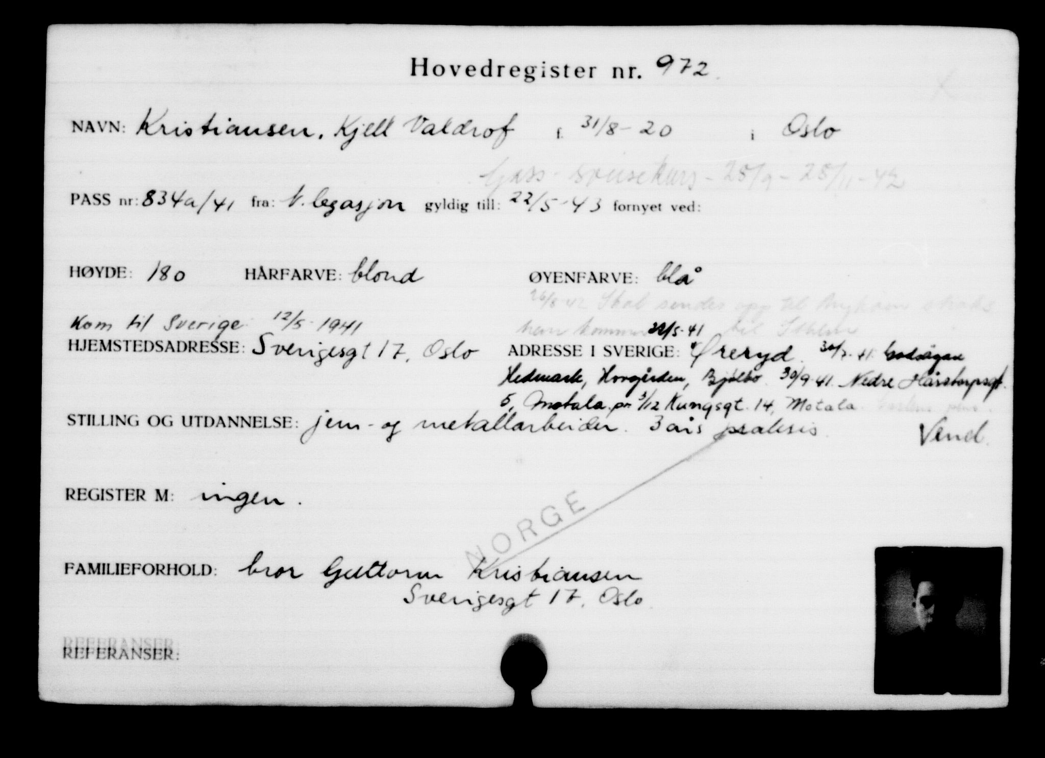 Utenriksstasjonene, Legasjonen i Stockholm, Flyktningkontoret, AV/RA-S-6753/V/Va/L0001: Kjesäterkartoteket, flyktninger med registreringsnr. 1-1000, 1940-1945, p. 1510